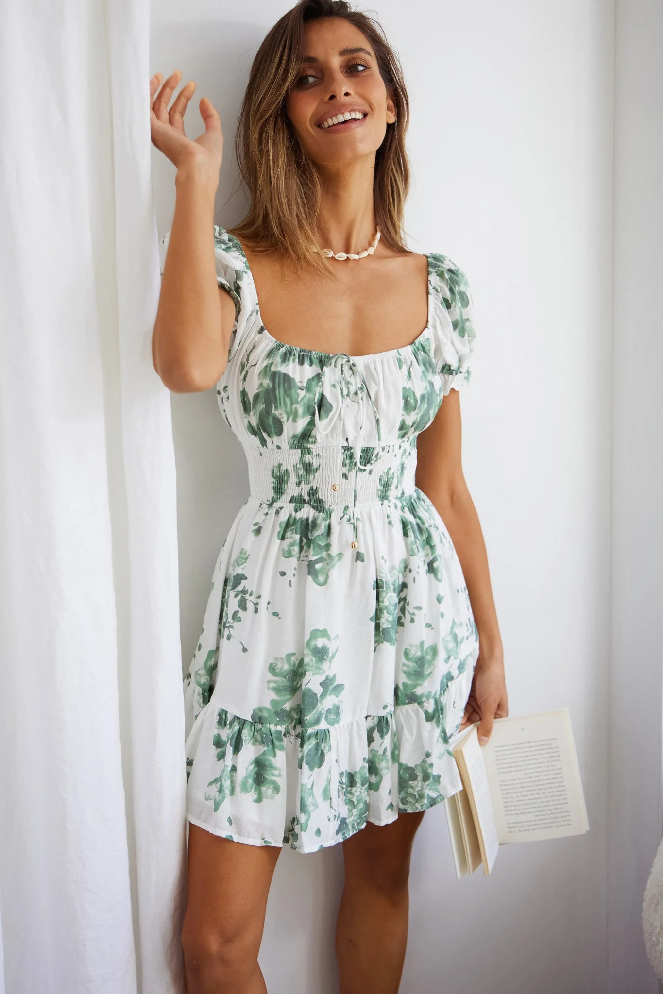 Amilie Shirred Waist Sundress Floral Print White/Olive - Image 4