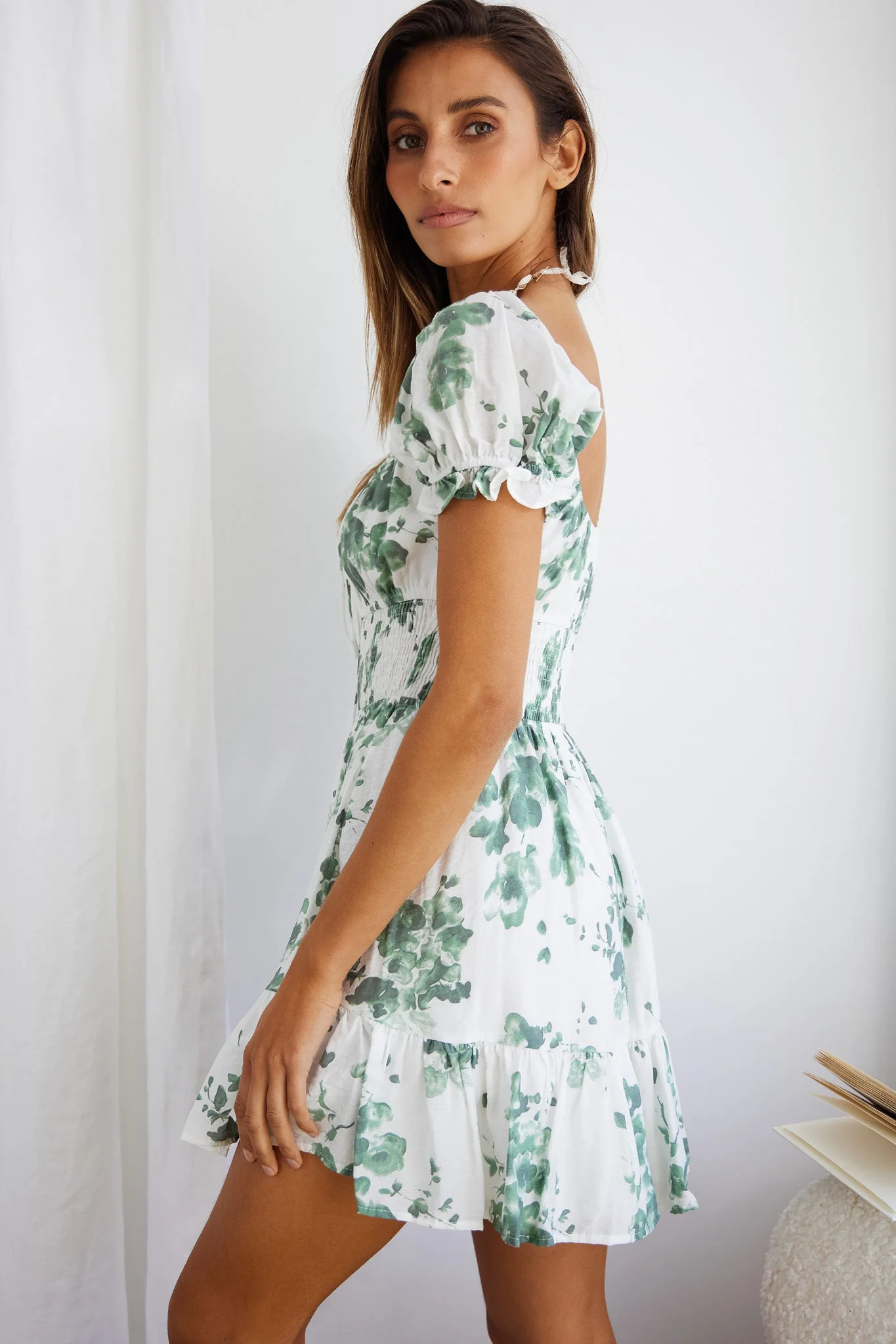 Amilie Shirred Waist Sundress Floral Print White/Olive - Image 6