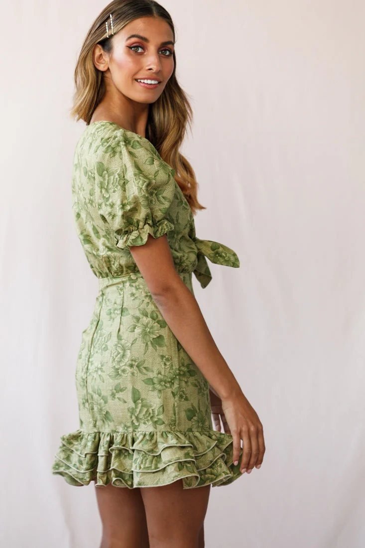 Amy Bust Tie Puff Sleeve Dress Olive - Image 3