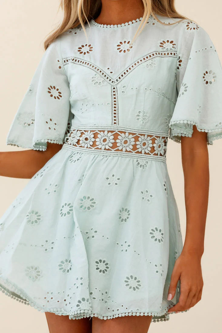Anais Fluted Sleeve Exposed Back Broderie Anglaise Dress Sage - Image 4
