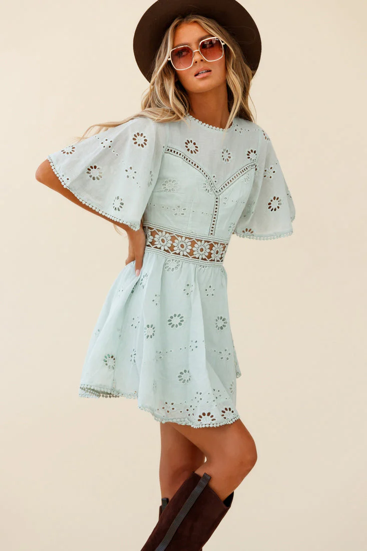 Anais Fluted Sleeve Exposed Back Broderie Anglaise Dress Sage - Image 5