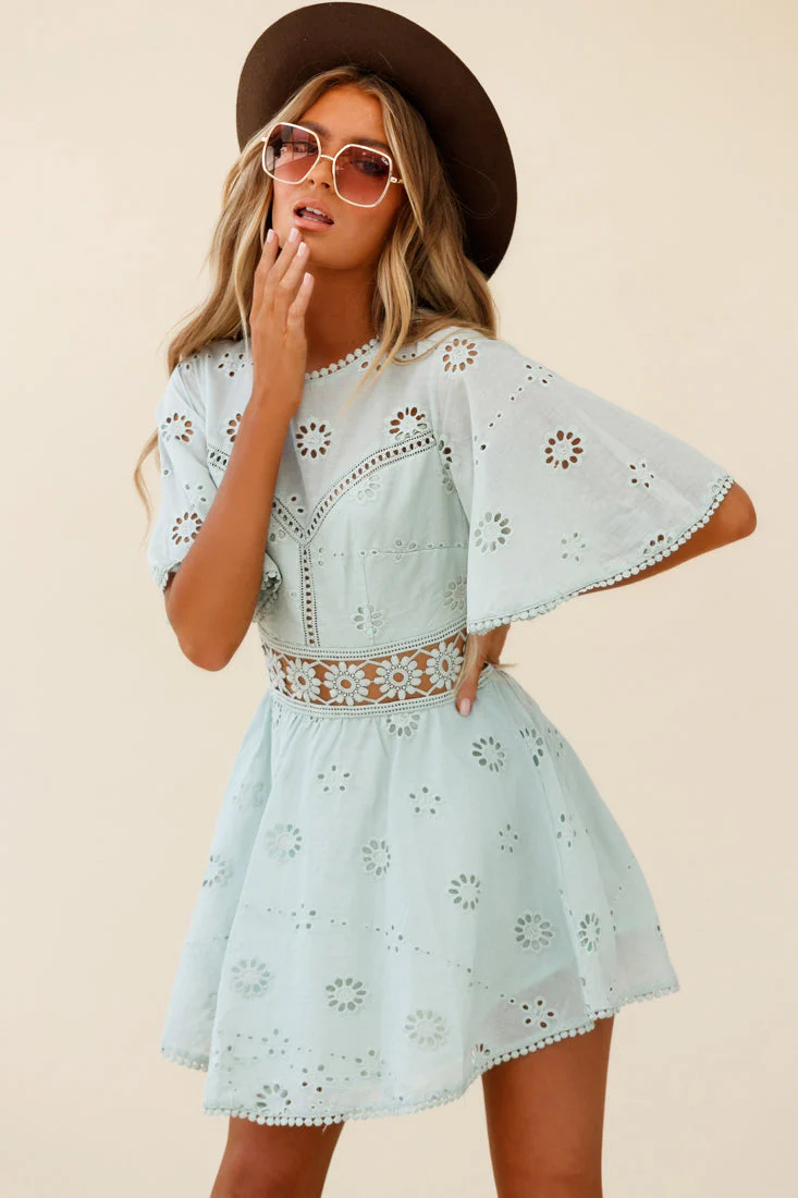 Anais Fluted Sleeve Exposed Back Broderie Anglaise Dress Sage - Image 6