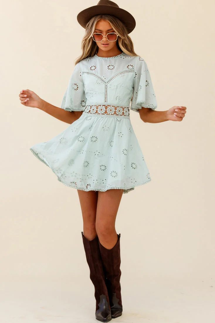 Anais Fluted Sleeve Exposed Back Broderie Anglaise Dress Sage - Image 7