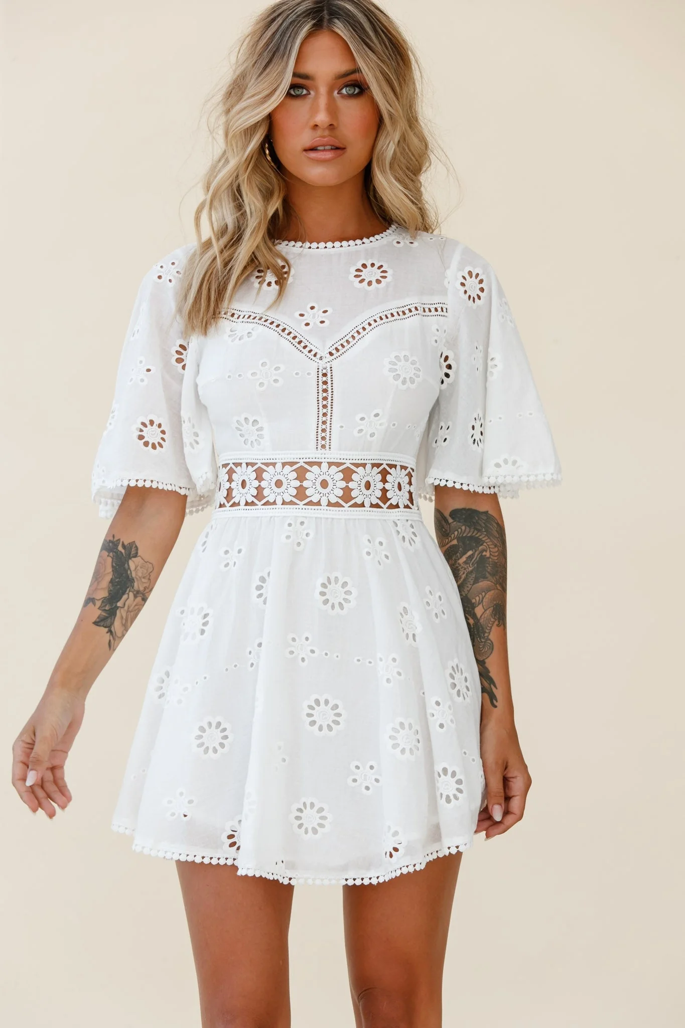 Anais Fluted Sleeve Exposed Back Broderie Anglaise Dress White - Image 11