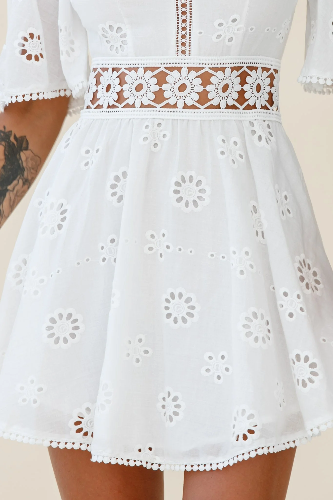 Anais Fluted Sleeve Exposed Back Broderie Anglaise Dress White - Image 12
