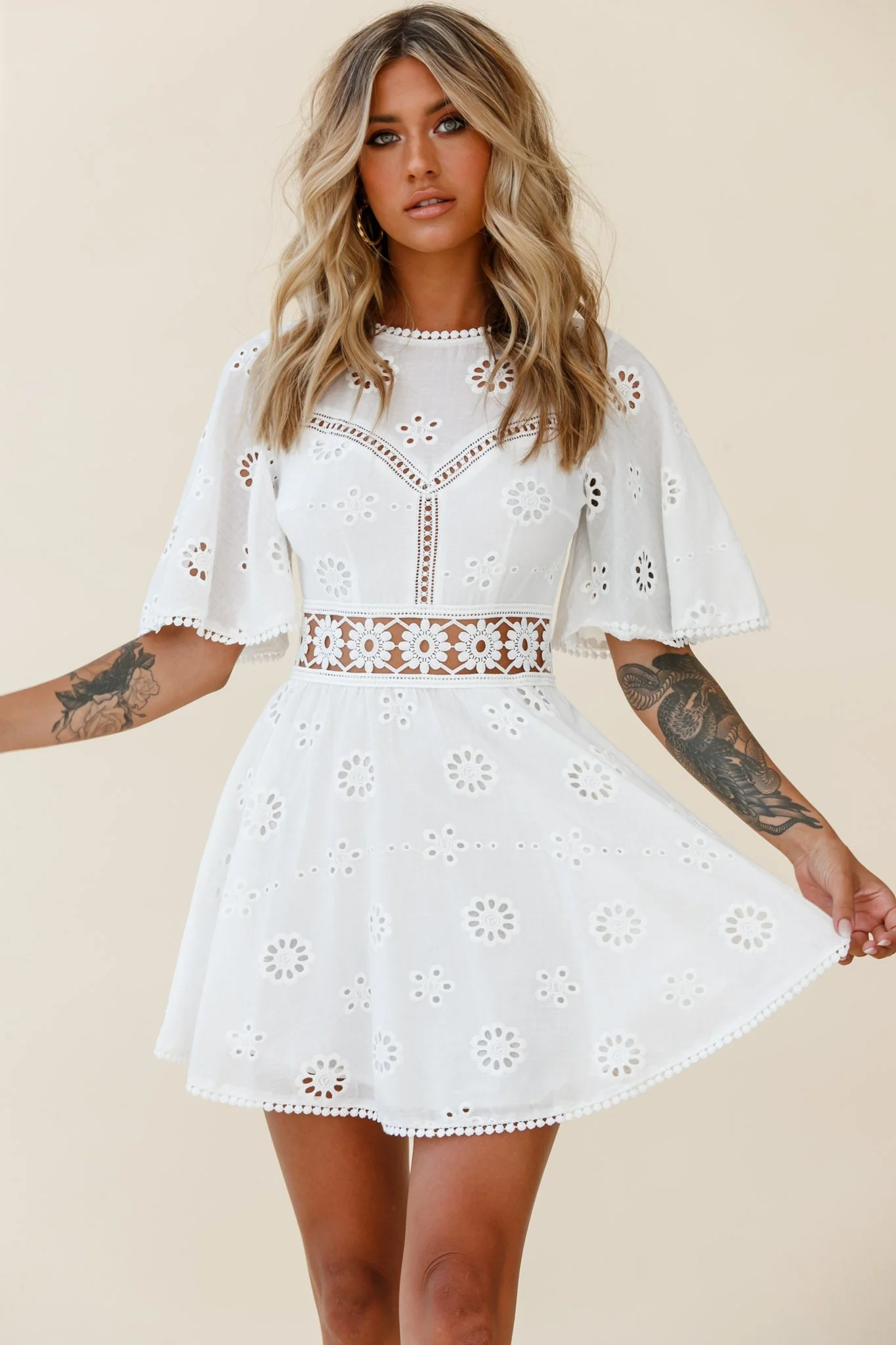 Anais Fluted Sleeve Exposed Back Broderie Anglaise Dress White - Image 13