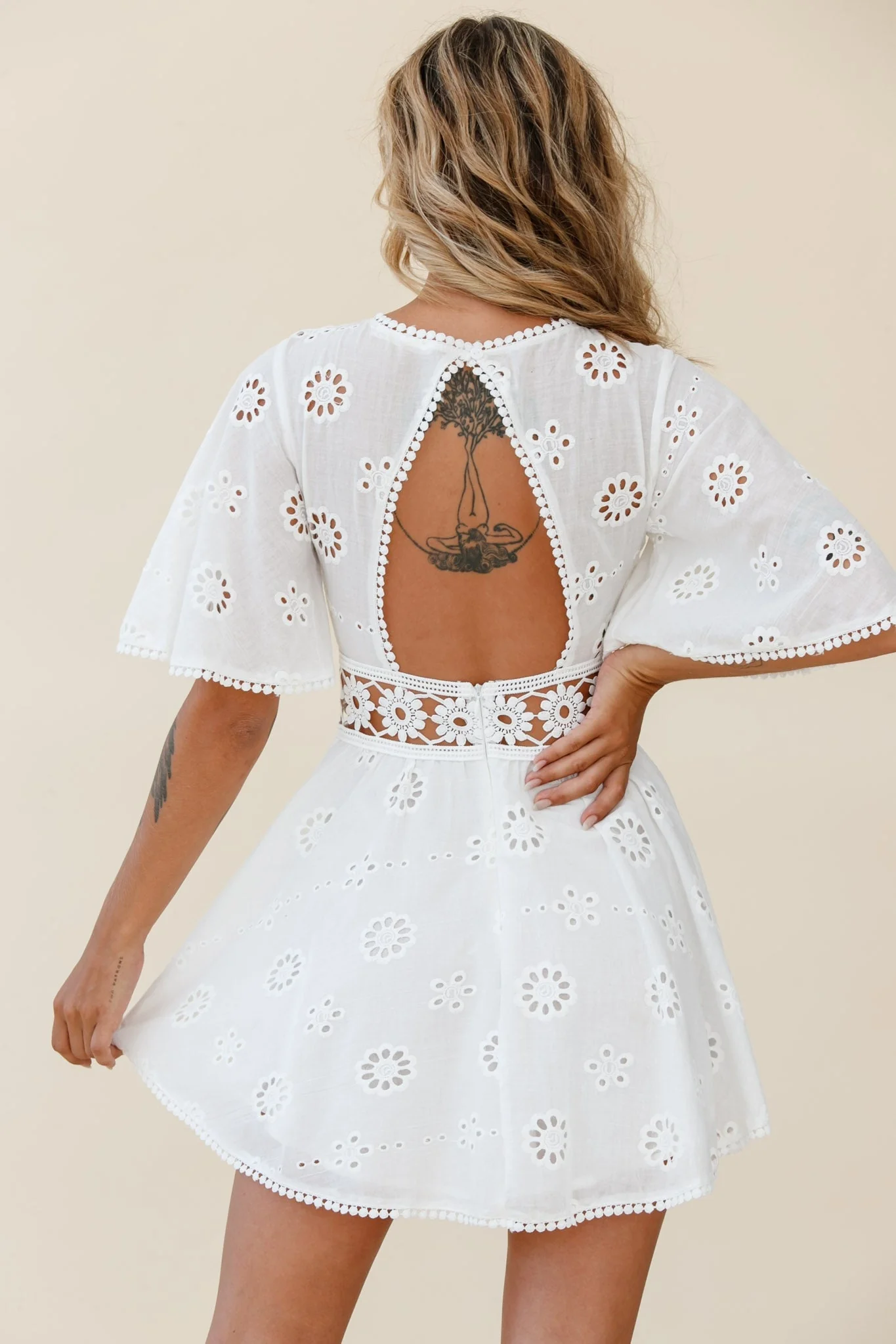 Anais Fluted Sleeve Exposed Back Broderie Anglaise Dress White - Image 14