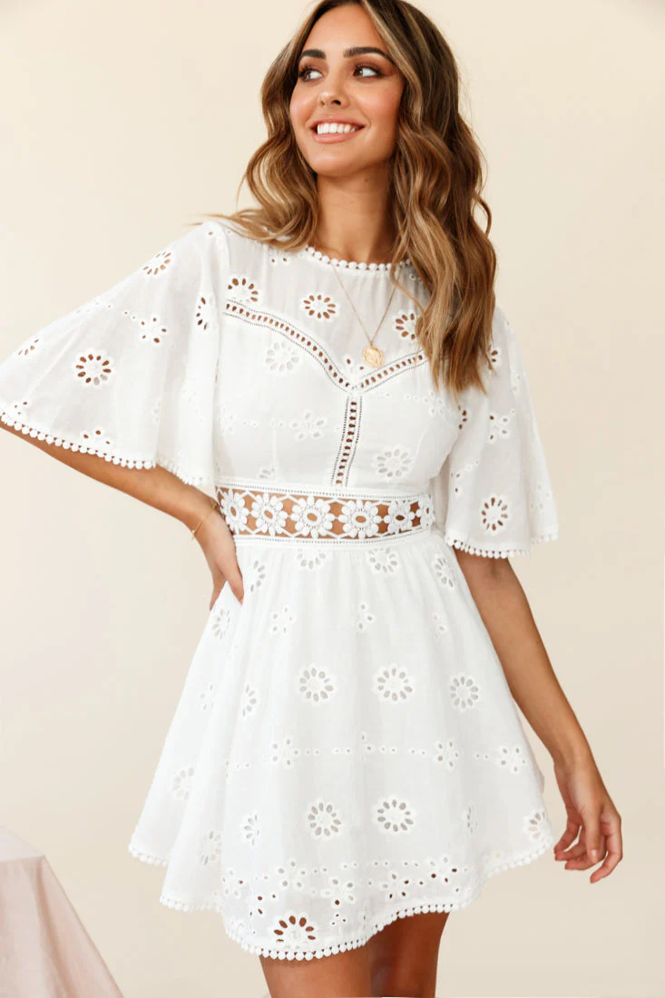 Anais Fluted Sleeve Exposed Back Broderie Anglaise Dress White - Image 2