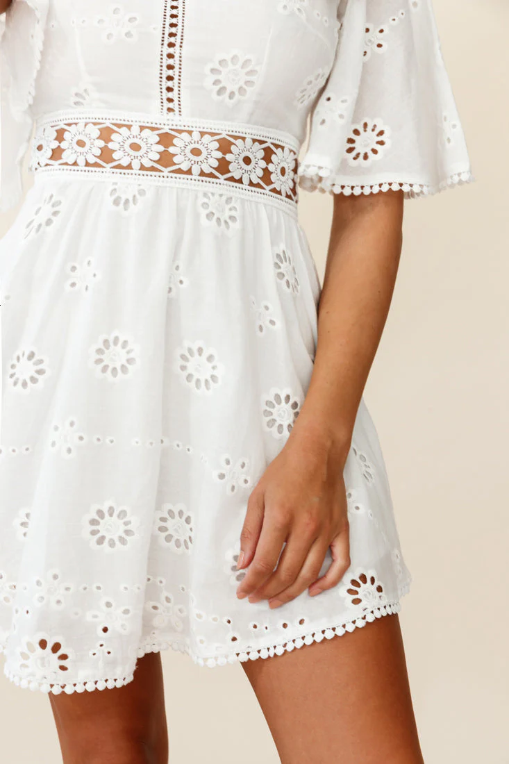 Anais Fluted Sleeve Exposed Back Broderie Anglaise Dress White - Image 4