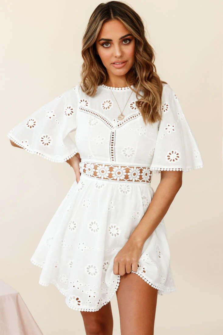 Anais Fluted Sleeve Exposed Back Broderie Anglaise Dress White - Image 6