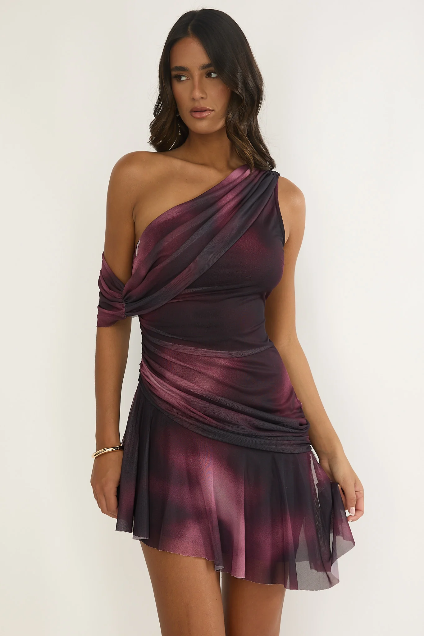 Anaisa One-Shoulder Draped Mini Dress Print Wine - Image 6