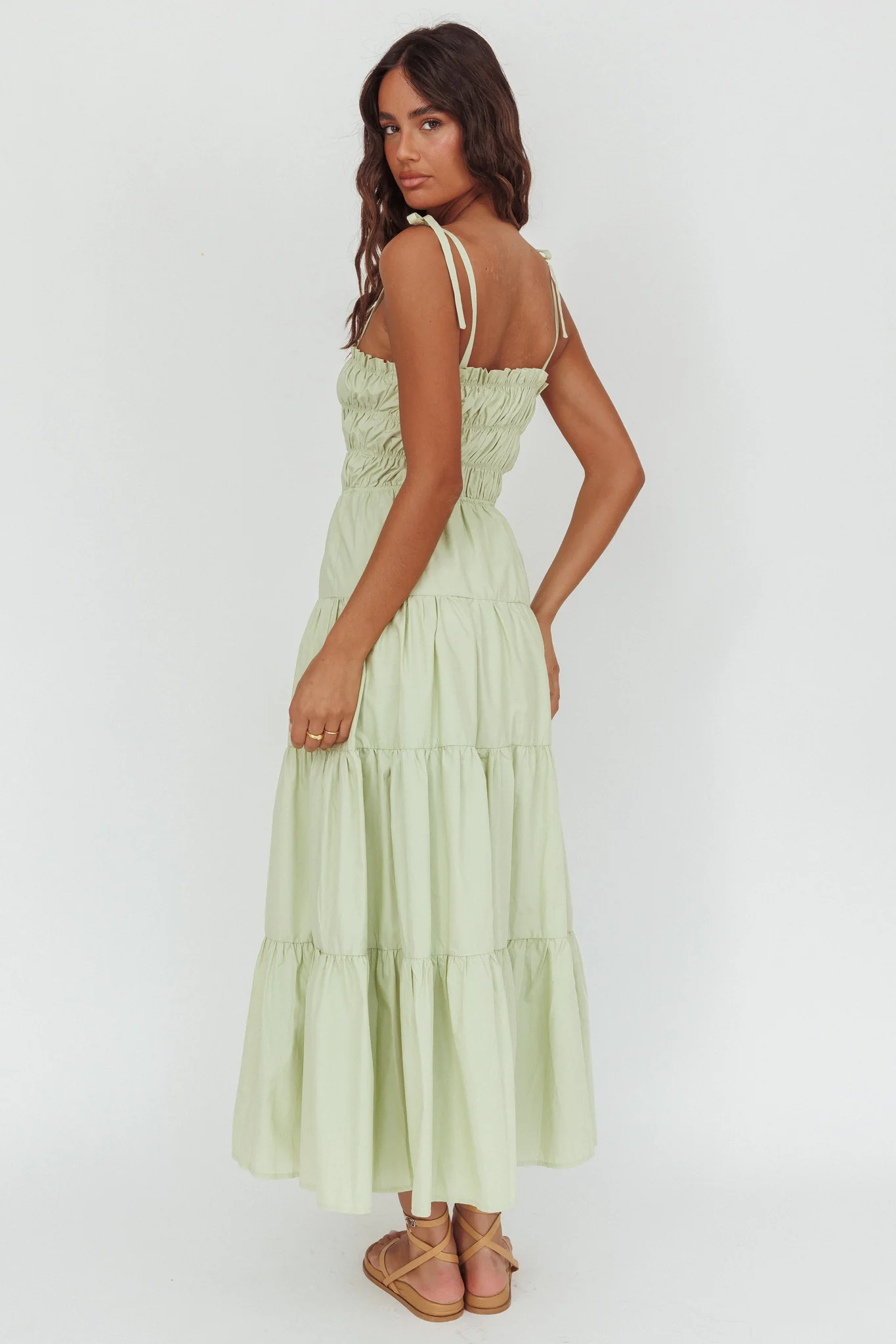 Anderson Tied Shoulder Smocked Bodice Maxi Dress Sage - Image 2