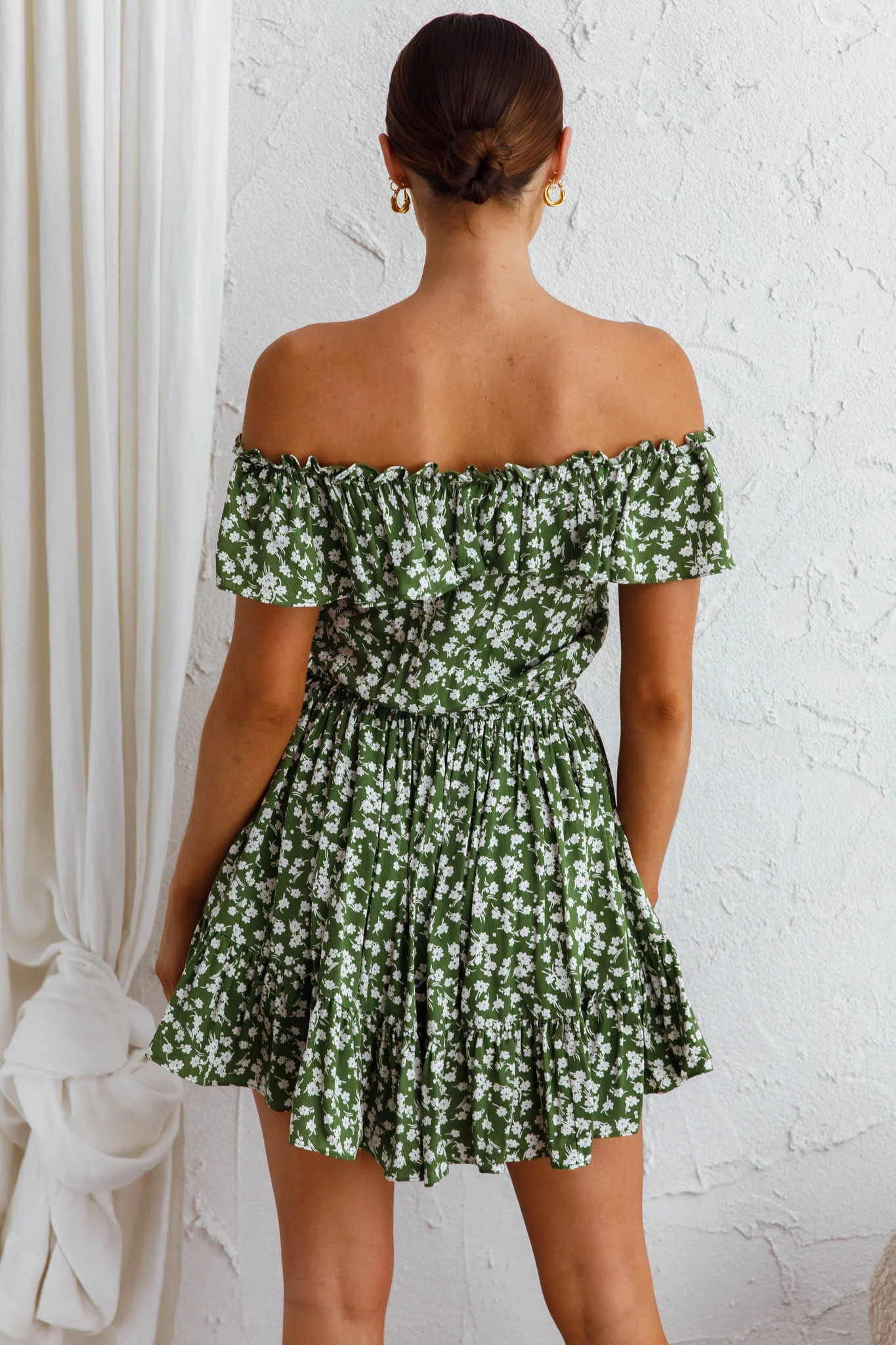 Andie Off-Shoulder Frill Dress Floral Green - Image 2
