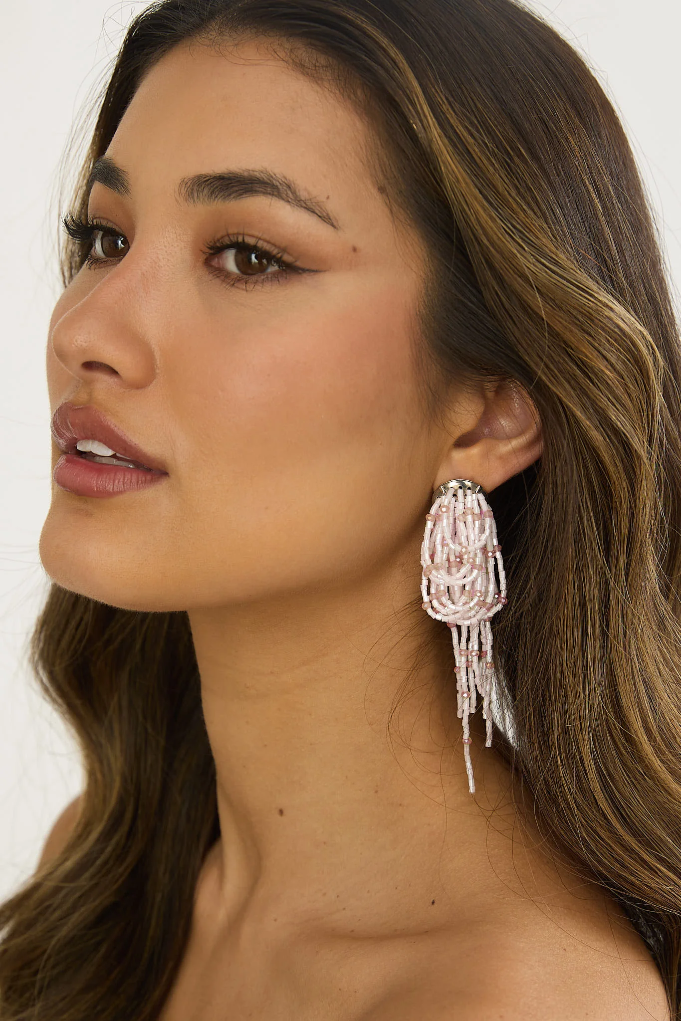 Andora Layered Tassel Bead Earrings Soft Pink - Image 2