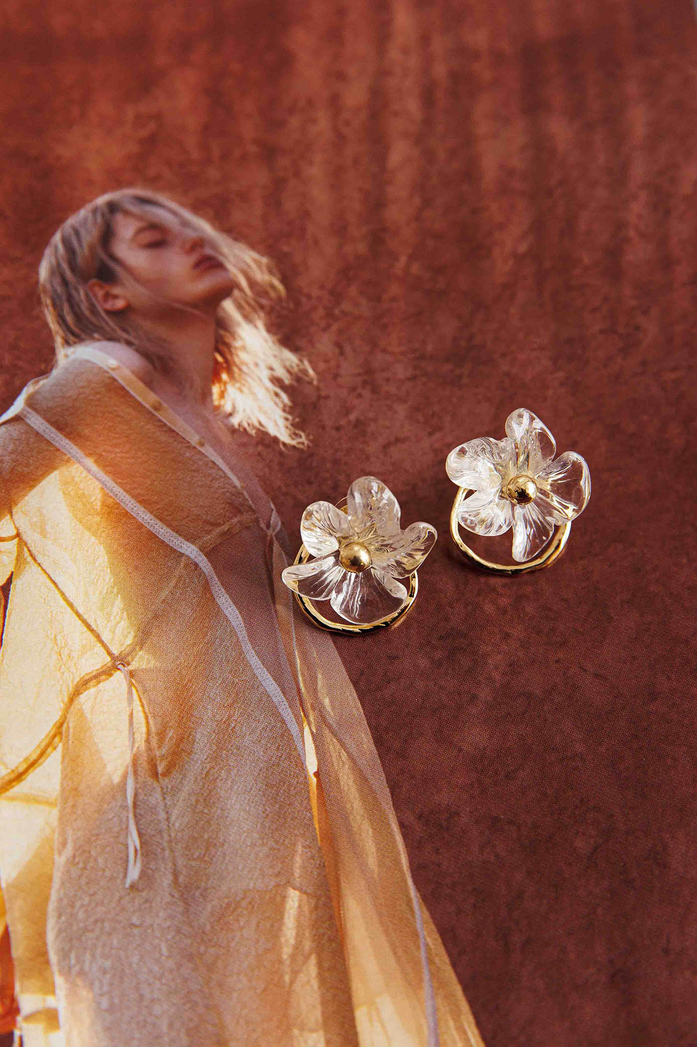Andrea Clear Flower Earrings Gold - Image 2