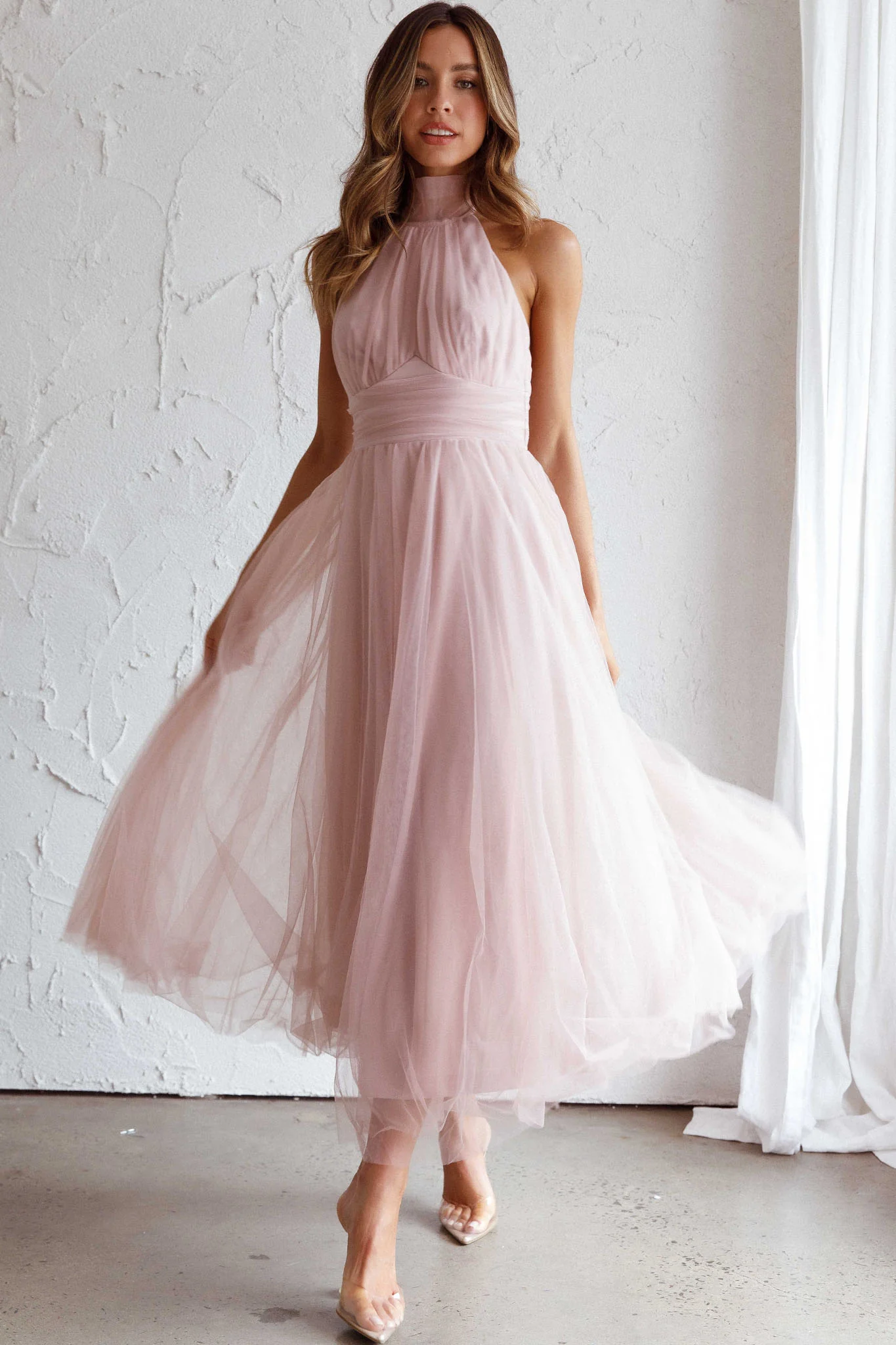 Andria Halterneck Tulle Midi Dress Blush - Image 6