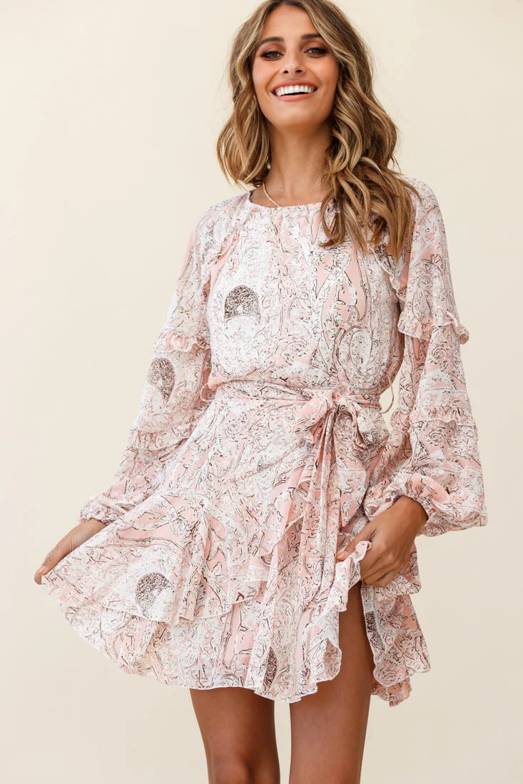 Angelini Long Sleeve Waist Tie Dress Floral Print Pink - Image 2