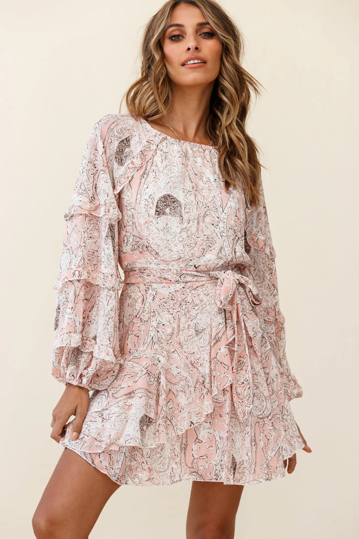 Angelini Long Sleeve Waist Tie Dress Floral Print Pink - Image 3