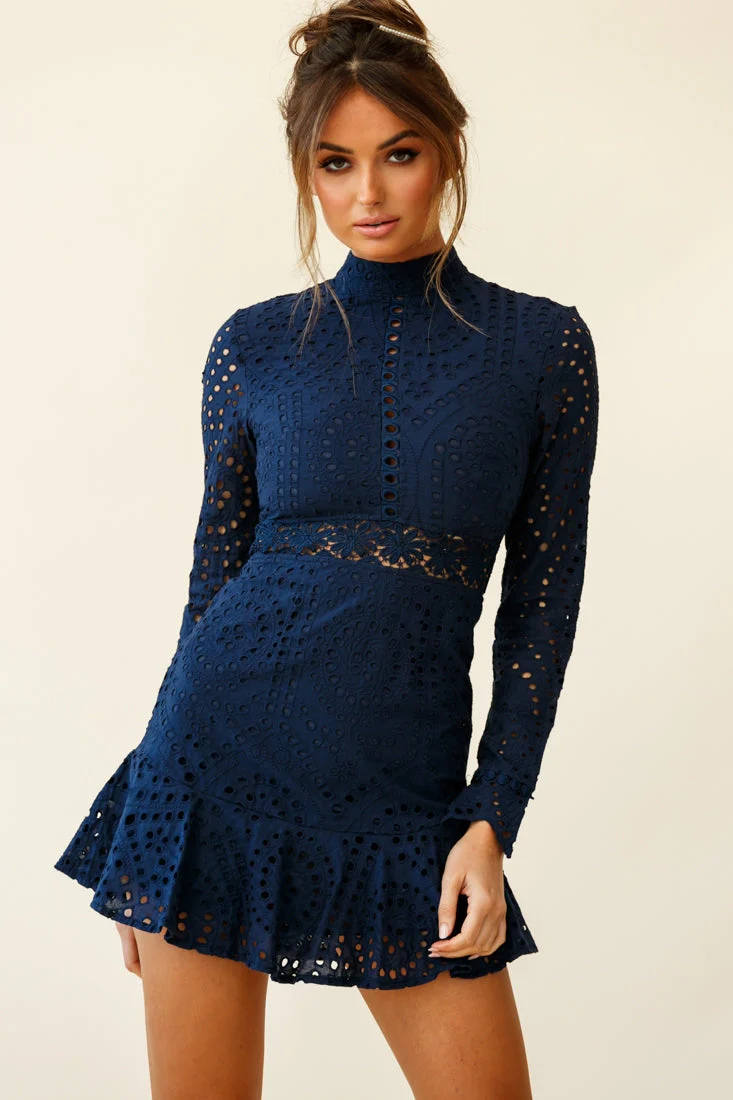 Anglaise Embroidered Long Sleeve Turtleneck Dress Navy - Image 6