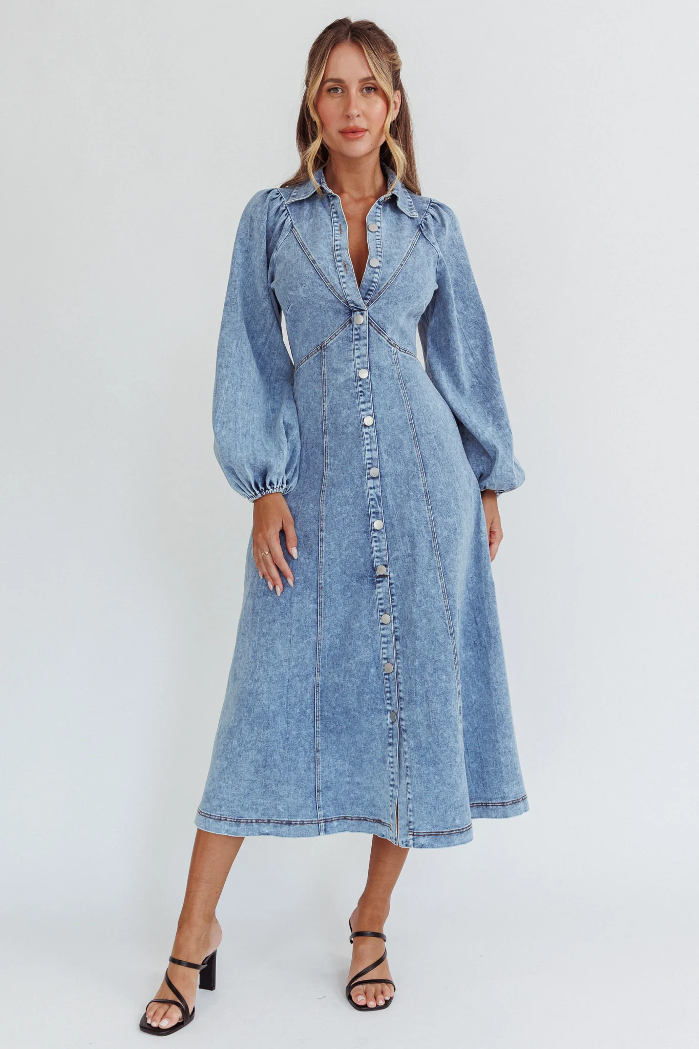 Ania Long Balloon Style Midi Dress Denim Blue - Image 5