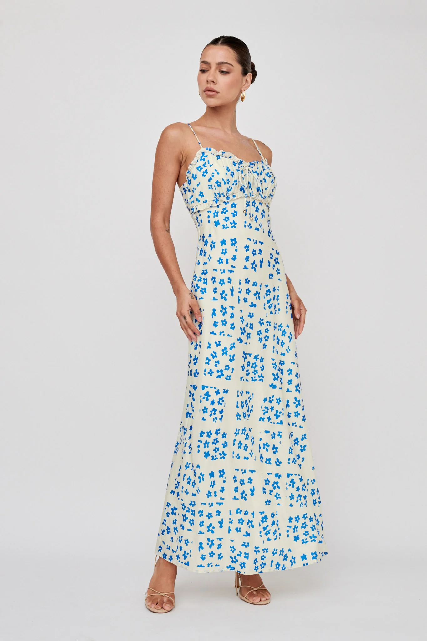 Anja Frill Trim Maxi Dress Print Cream Blue - Image 3