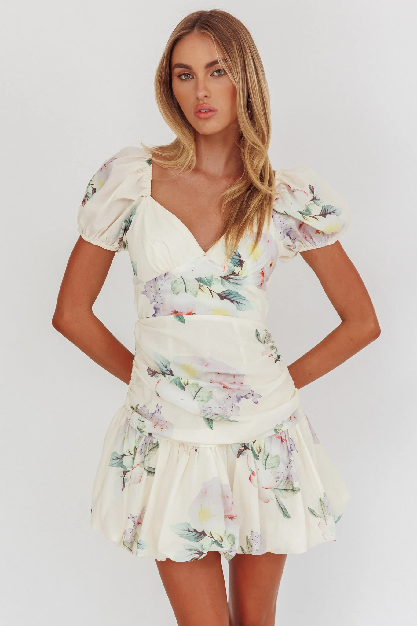 Annabella Puff Sleeve Tied Back Mini Dress Floral Butter - Image 5