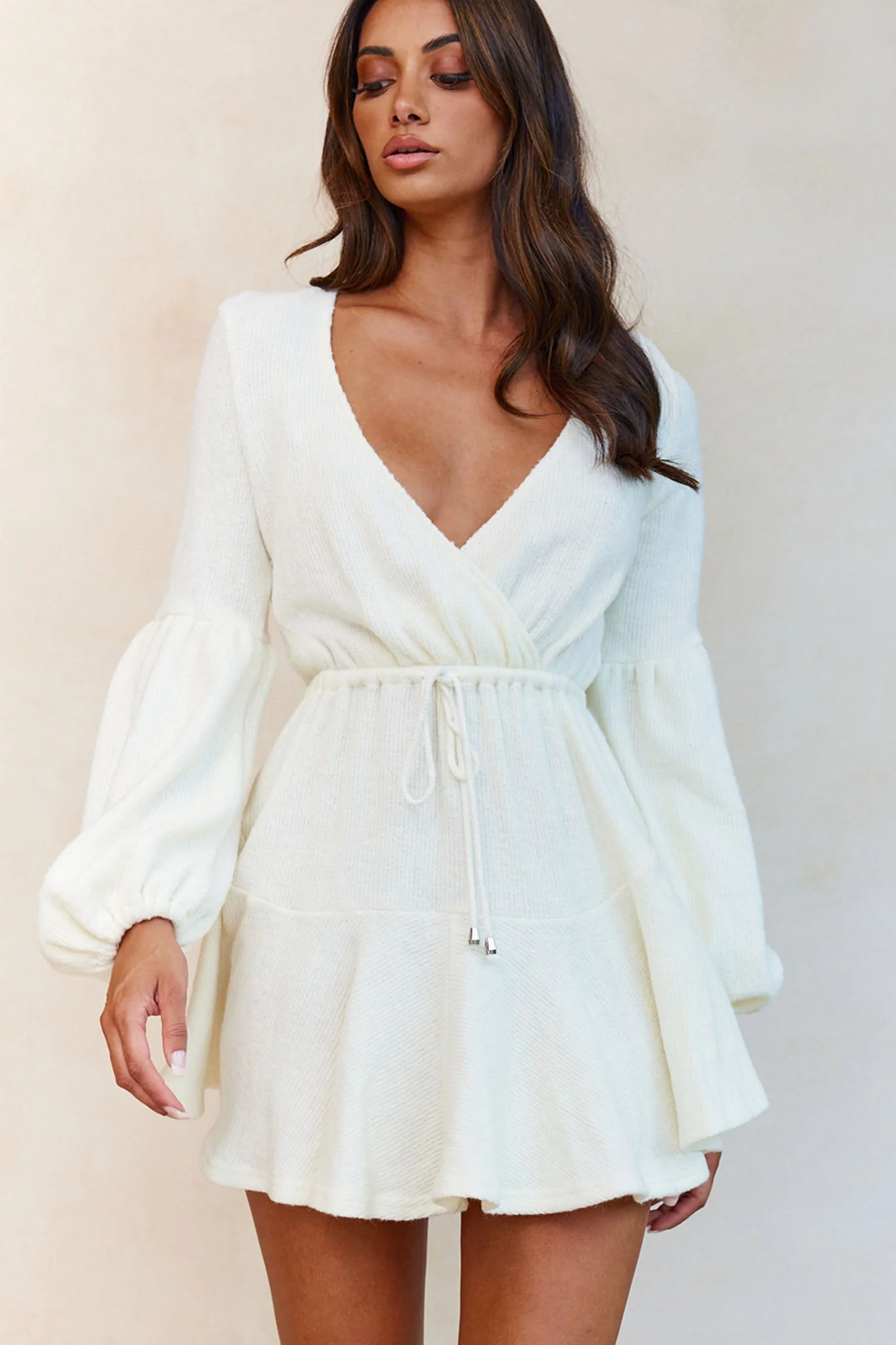 Annalise Long Sleeve Drawstring Knit Dress White - Image 5