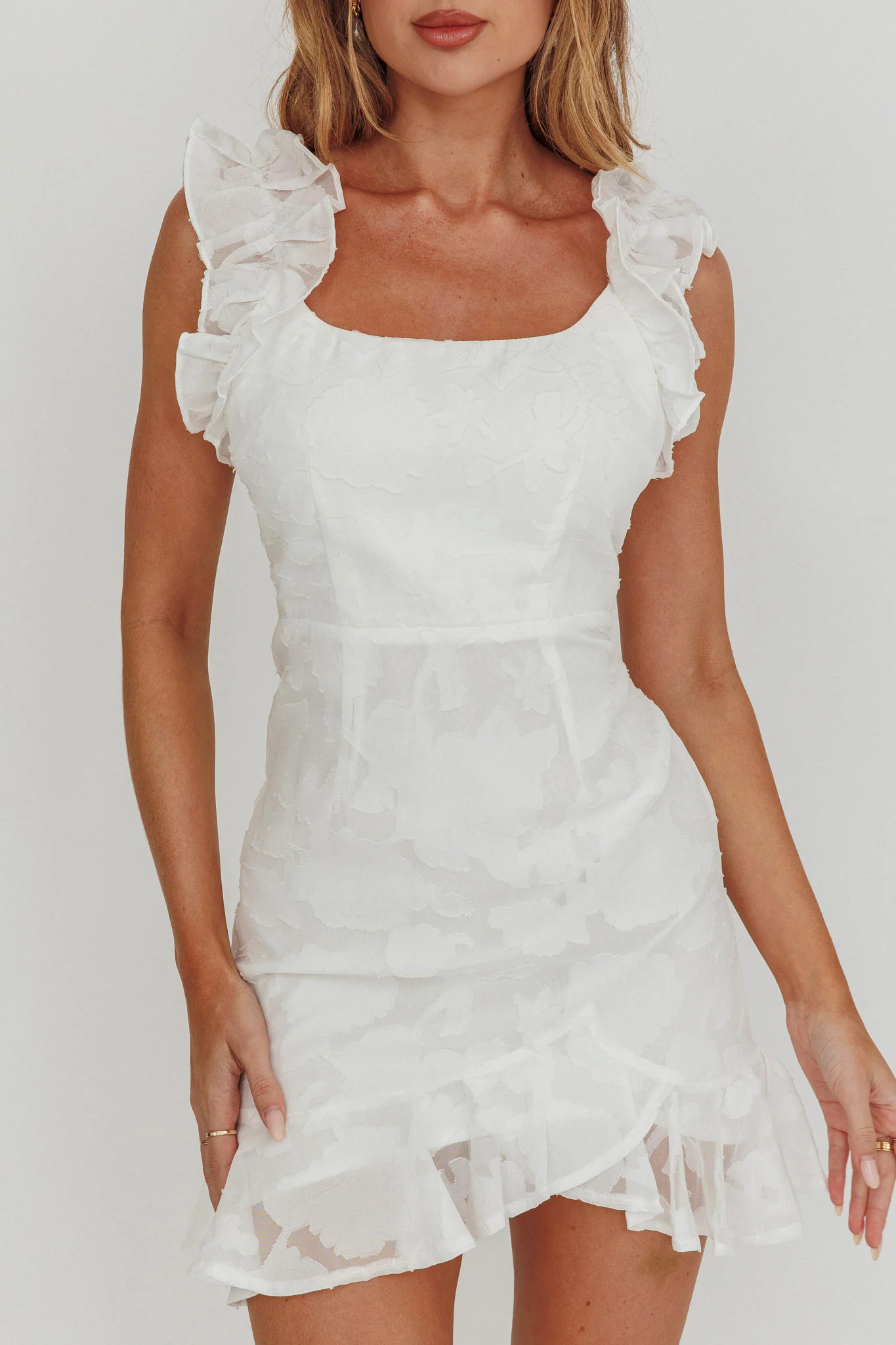 Annie Ruffle Shoulder Mini Dress White - Image 4