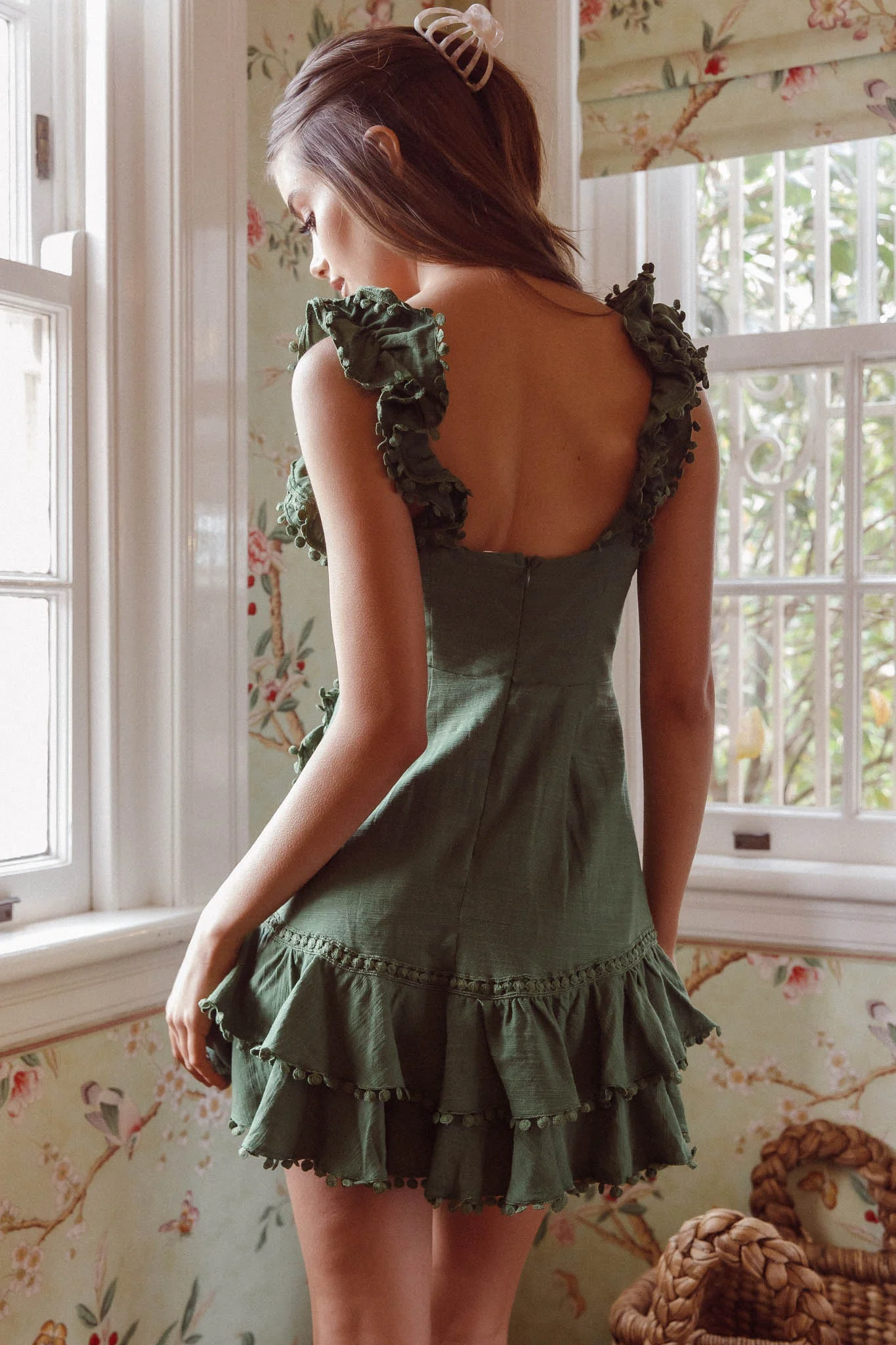 Annie Ruffle Shoulder Strap Layered Hem Mini Dress Green - Image 2