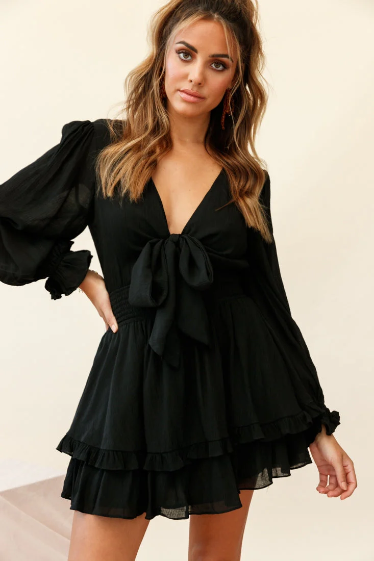 Anthea Bow-Tie Front Layered Frill Dress Black - Image 2