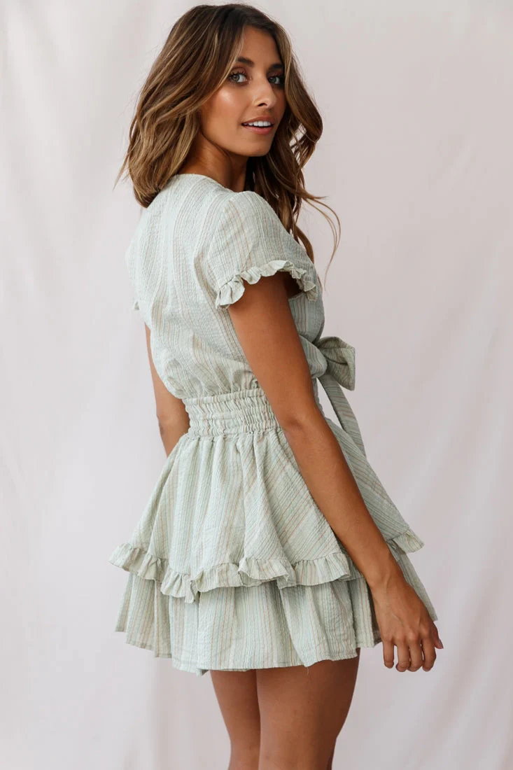 Anthea Bow-Tie Front Layered Frill Dress Olive - Image 3
