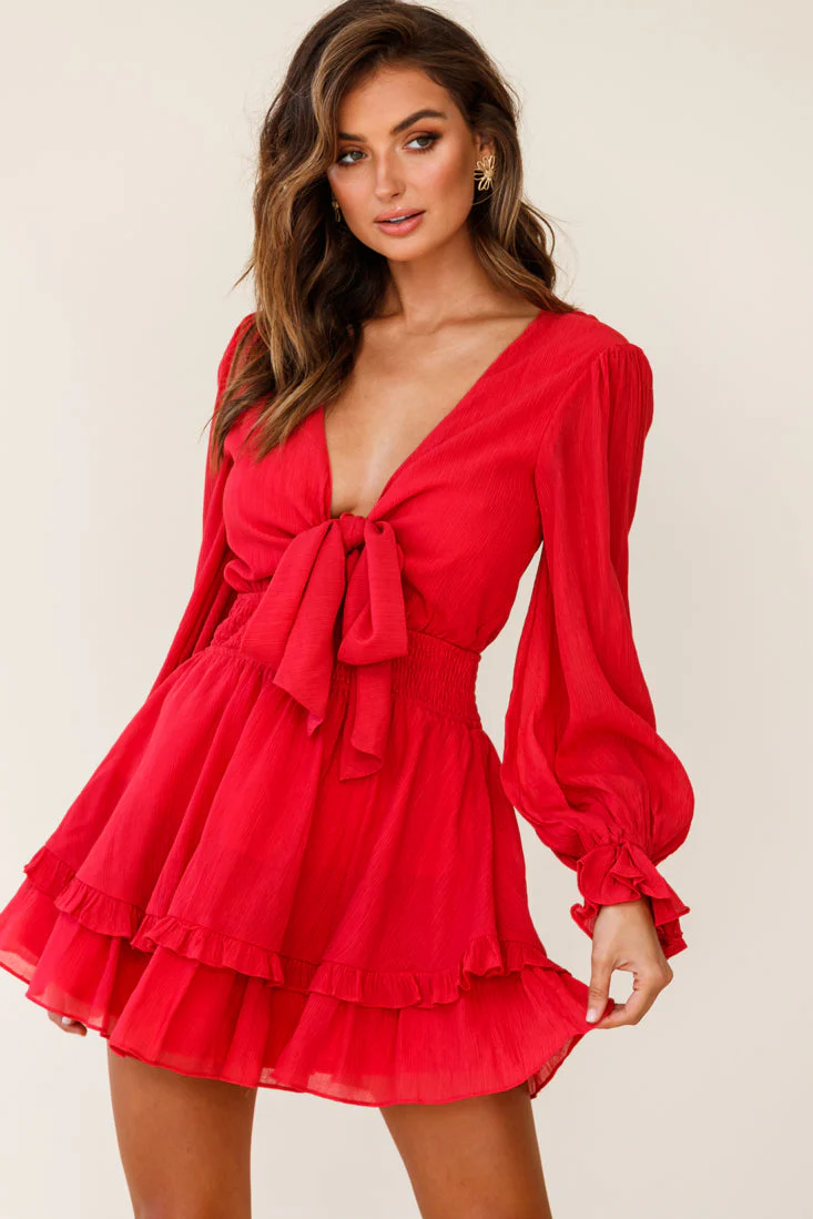 Anthea Bow-Tie Front Layered Frill Dress Red - Image 5