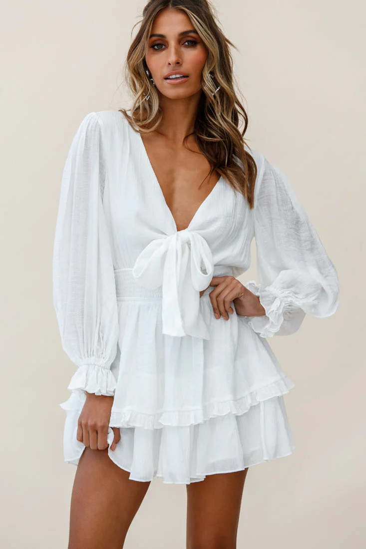Anthea Bow-Tie Front Layered Frill Dress White - Image 7