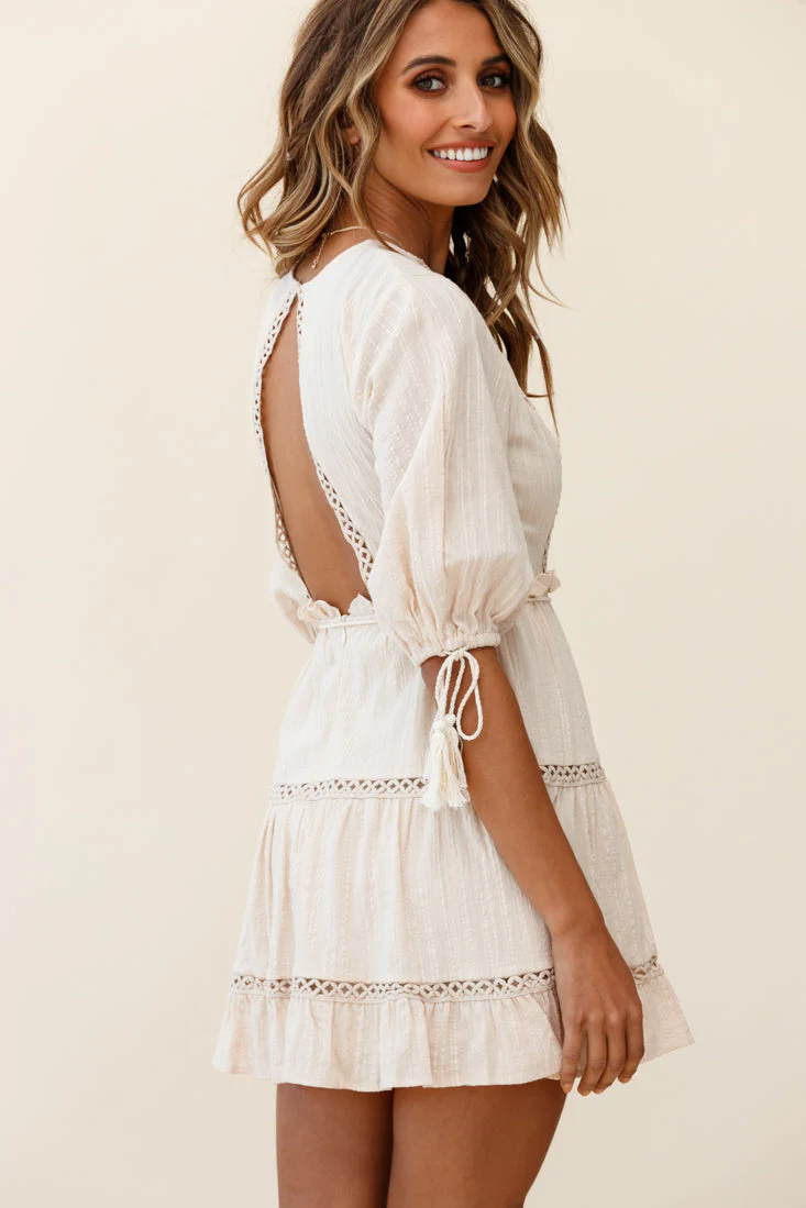 Antonia Half Puff Sleeve Crochet Detail Dress Beige - Image 3