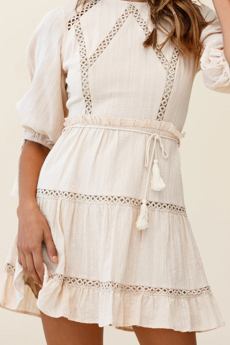 Antonia Half Puff Sleeve Crochet Detail Dress Beige - Image 4