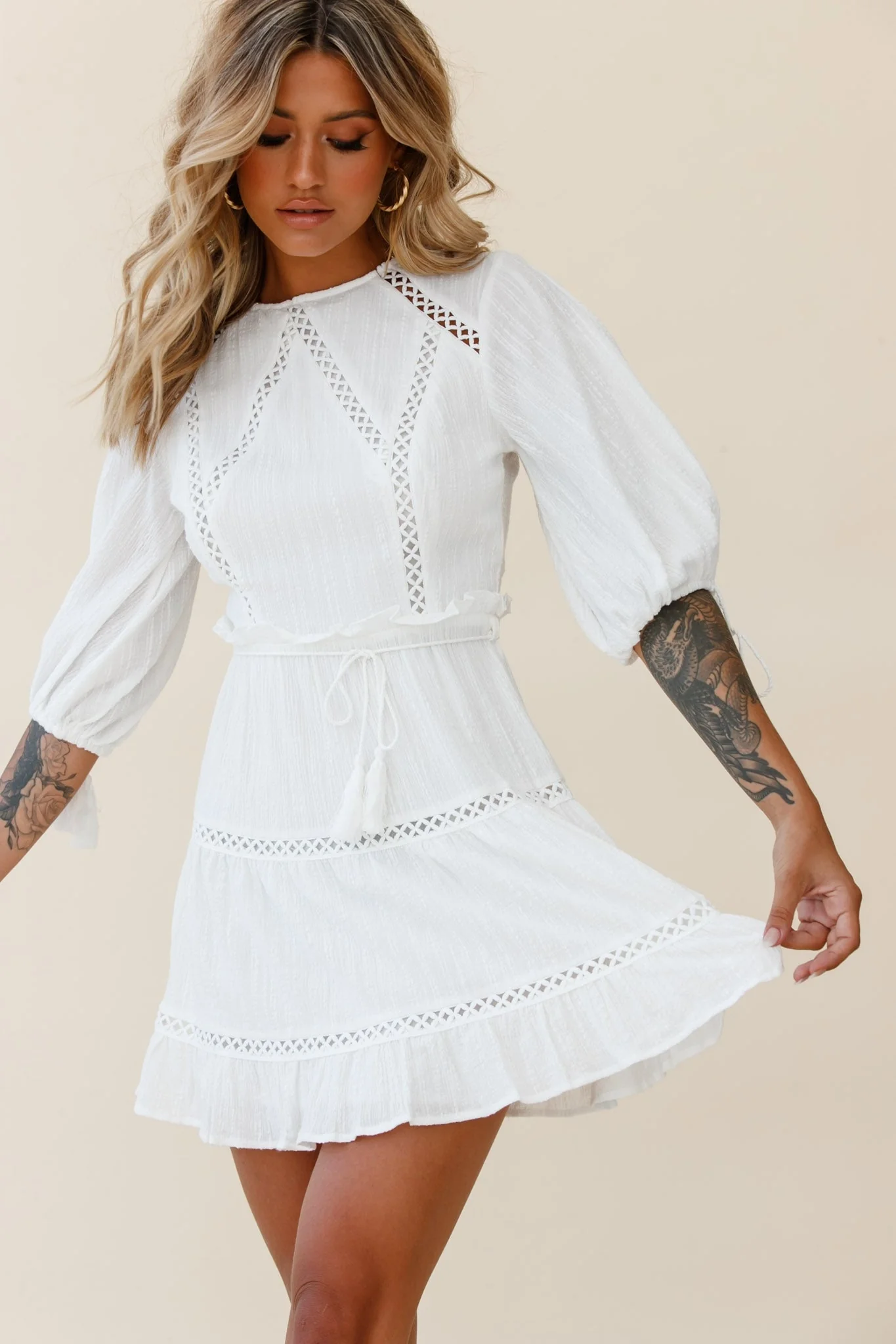 Antonia Half Puff Sleeve Crochet Detail Dress White - Image 12