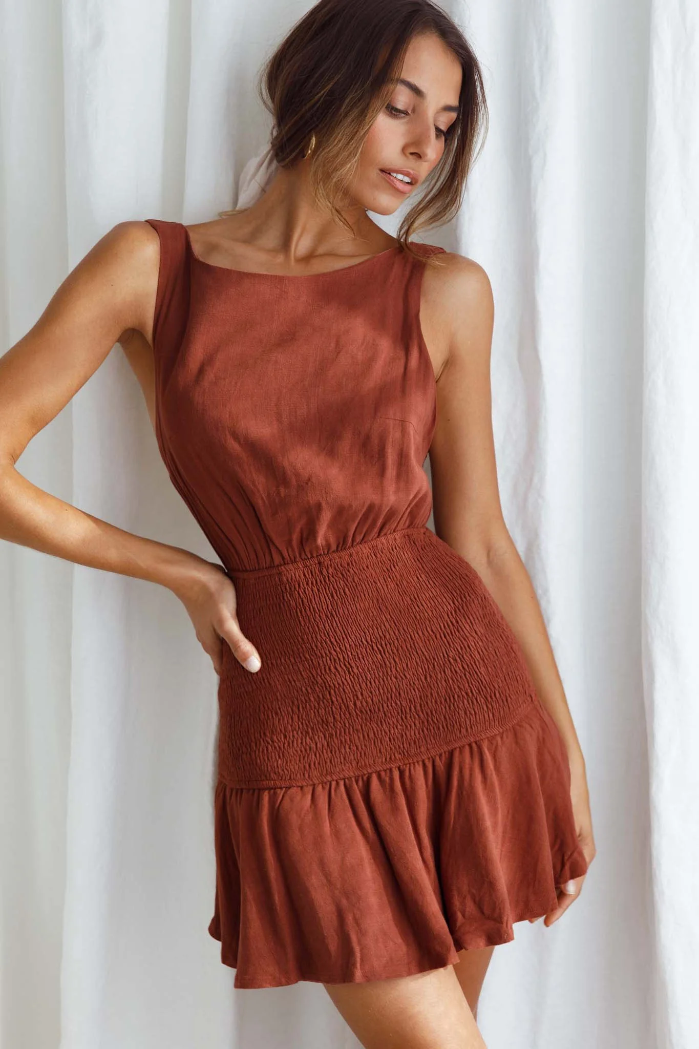 Antonine Elasticated Straps Shirred Waist Mini Dress Cinnamon - Image 6