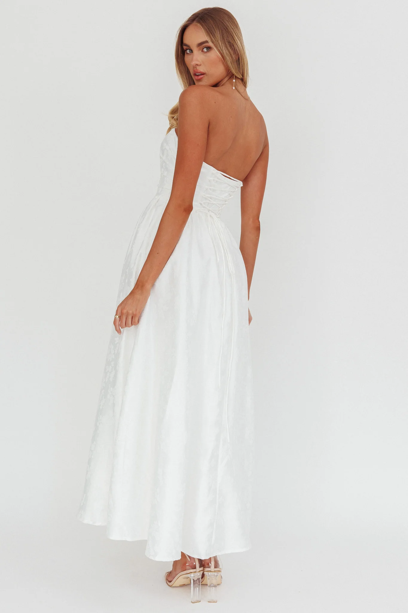 Anushka Strapless Empire Maxi Dress Jacquard White - Image 2