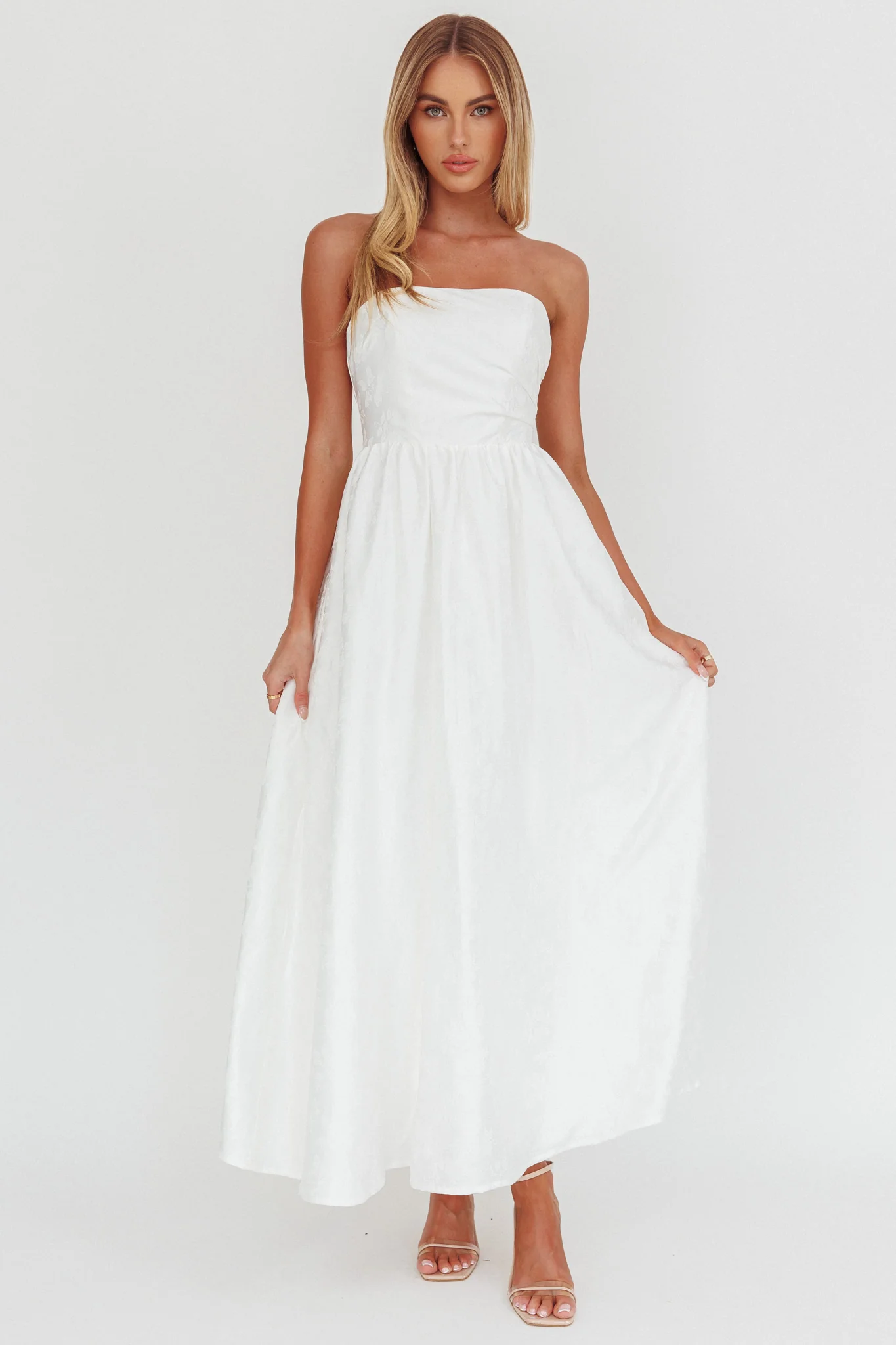 Anushka Strapless Empire Maxi Dress Jacquard White - Image 4