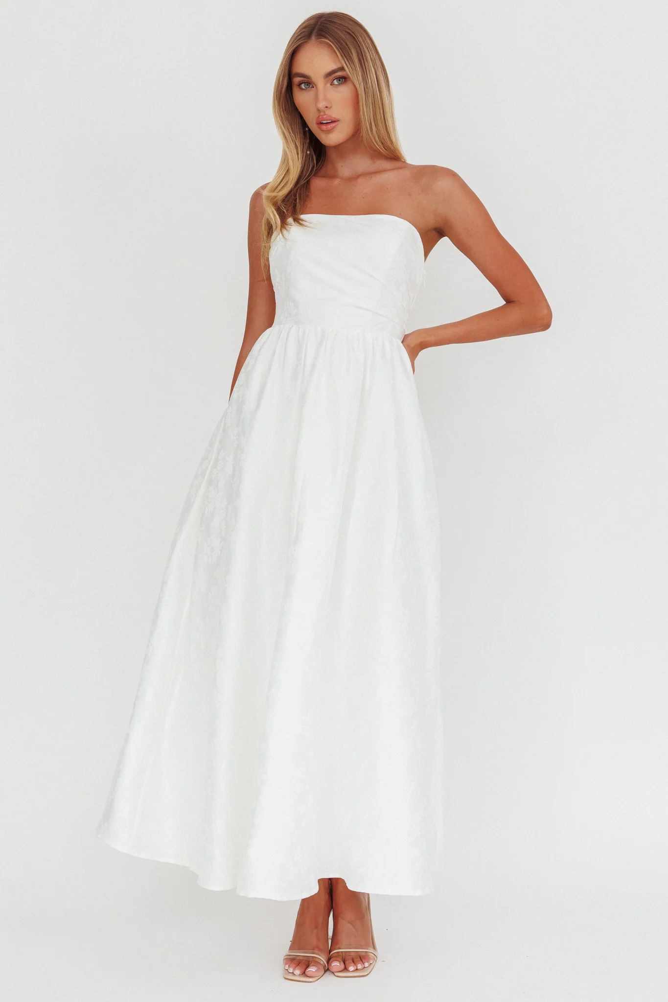 Anushka Strapless Empire Maxi Dress Jacquard White - Image 5