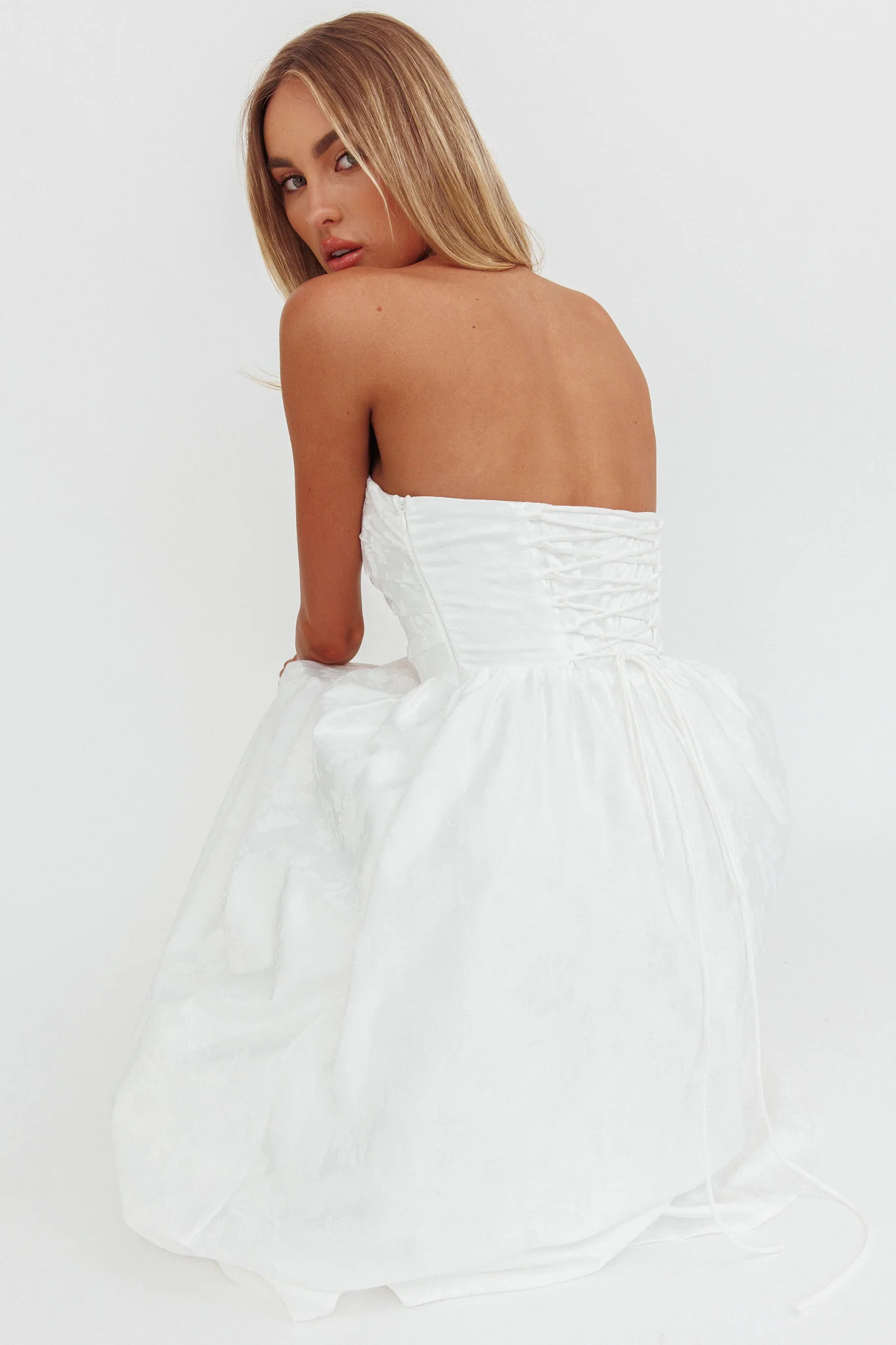 Anushka Strapless Empire Maxi Dress Jacquard White - Image 6