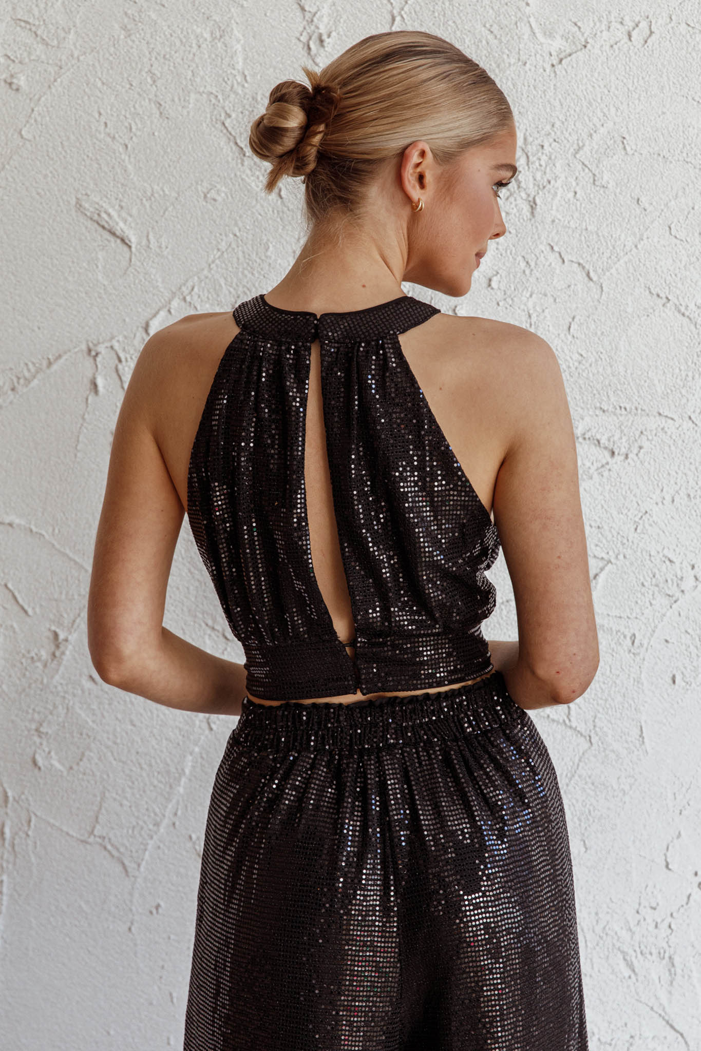 Anything Goes Draped Sequin Crop Top Black - Image 2