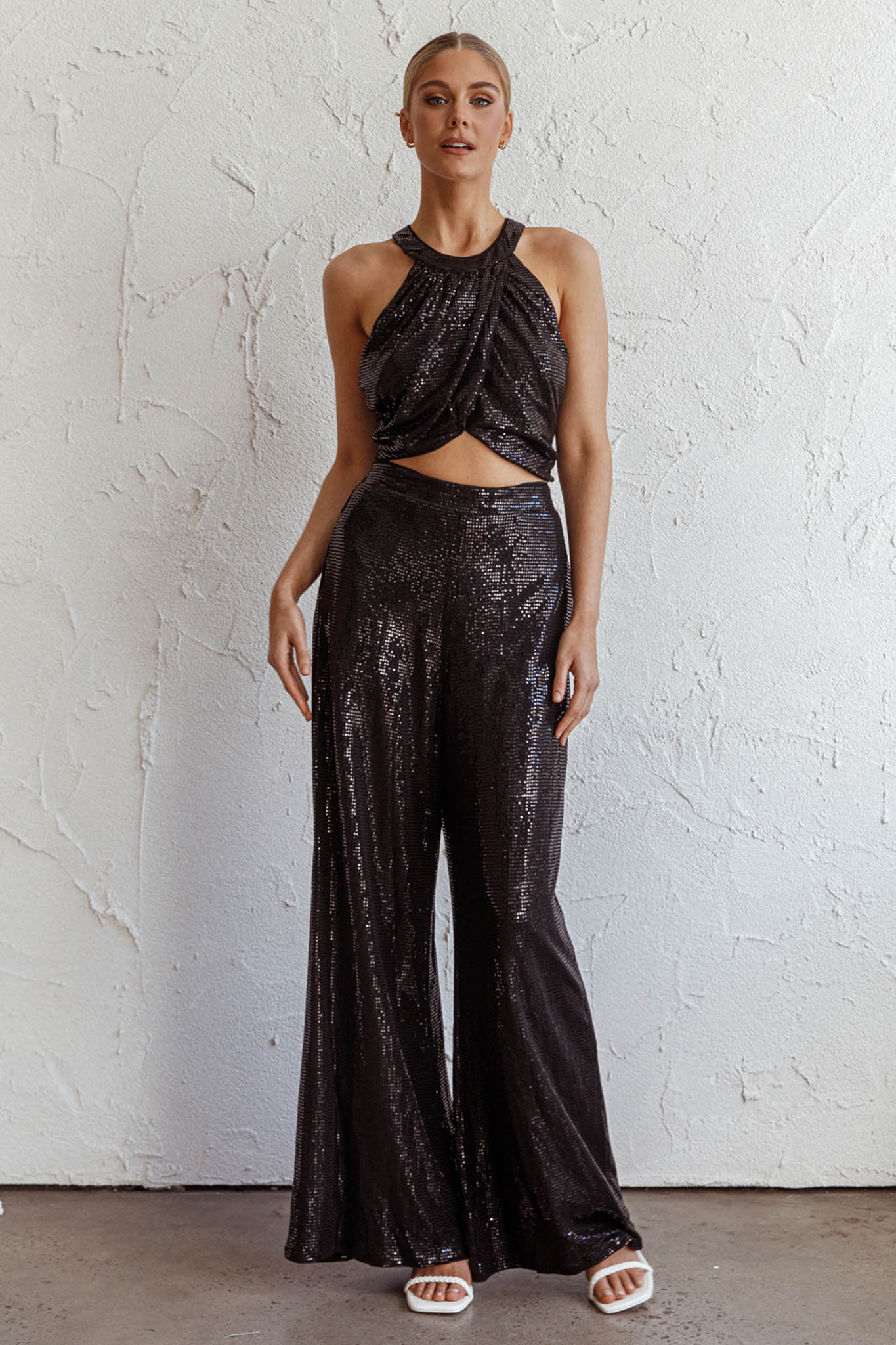 Anything Goes Draped Sequin Crop Top Black - Image 3