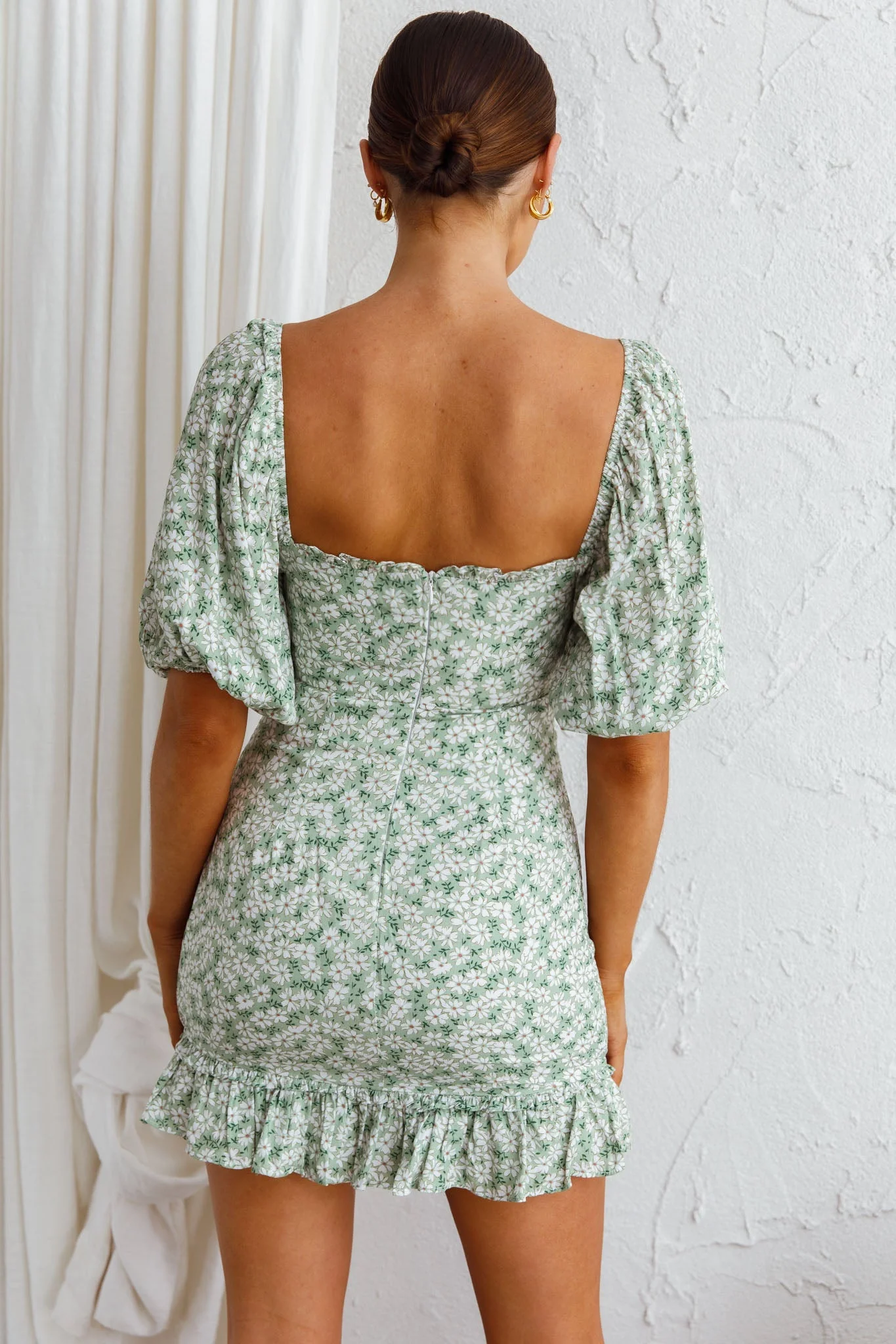 Aperol Spritz Shirred Bodice Puff Sleeve Mini Dress Floral Green - Image 7