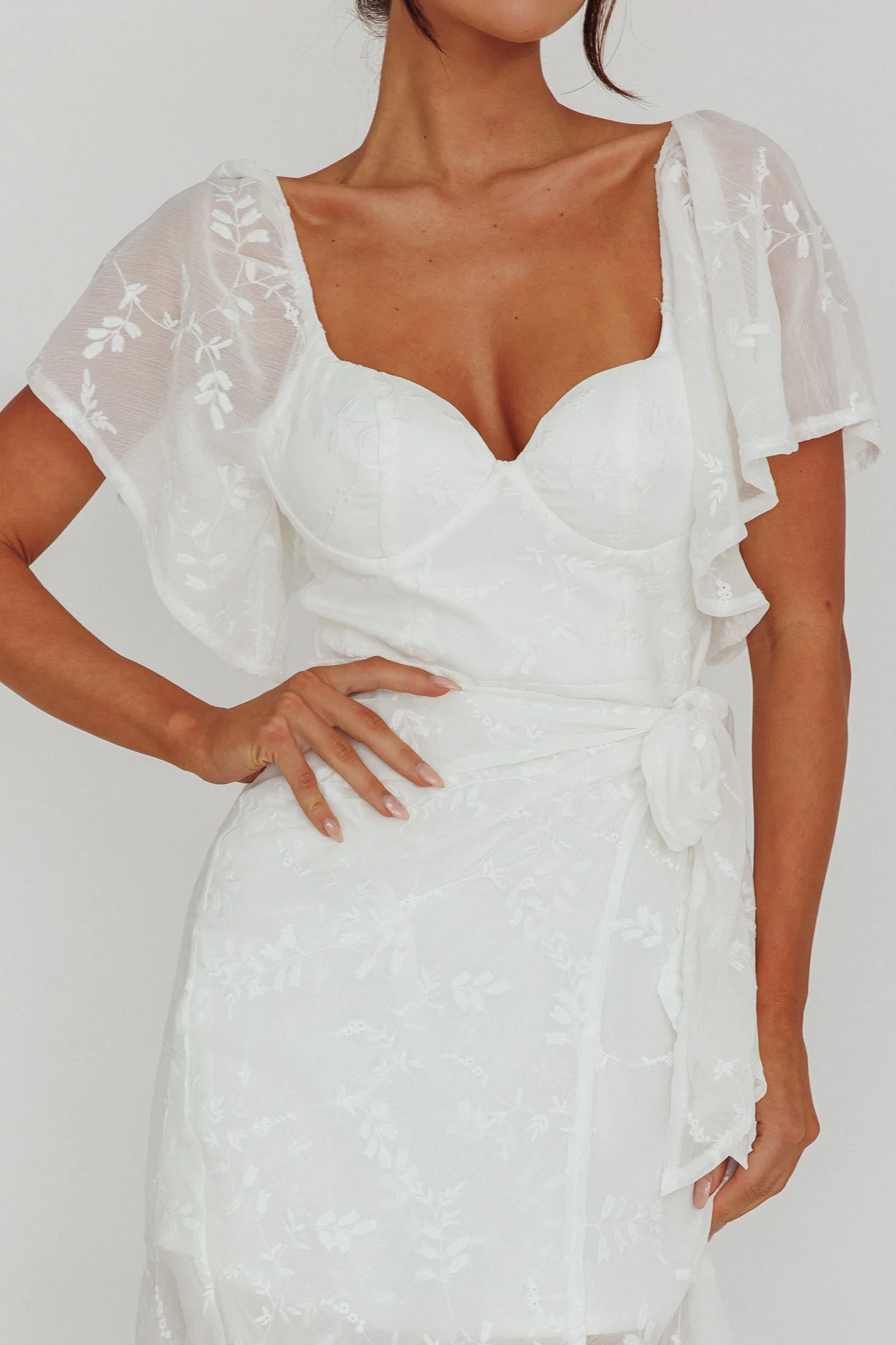 Aphrodite Molded Bust Angel Sleeve Midi Dress Floral White - Image 9