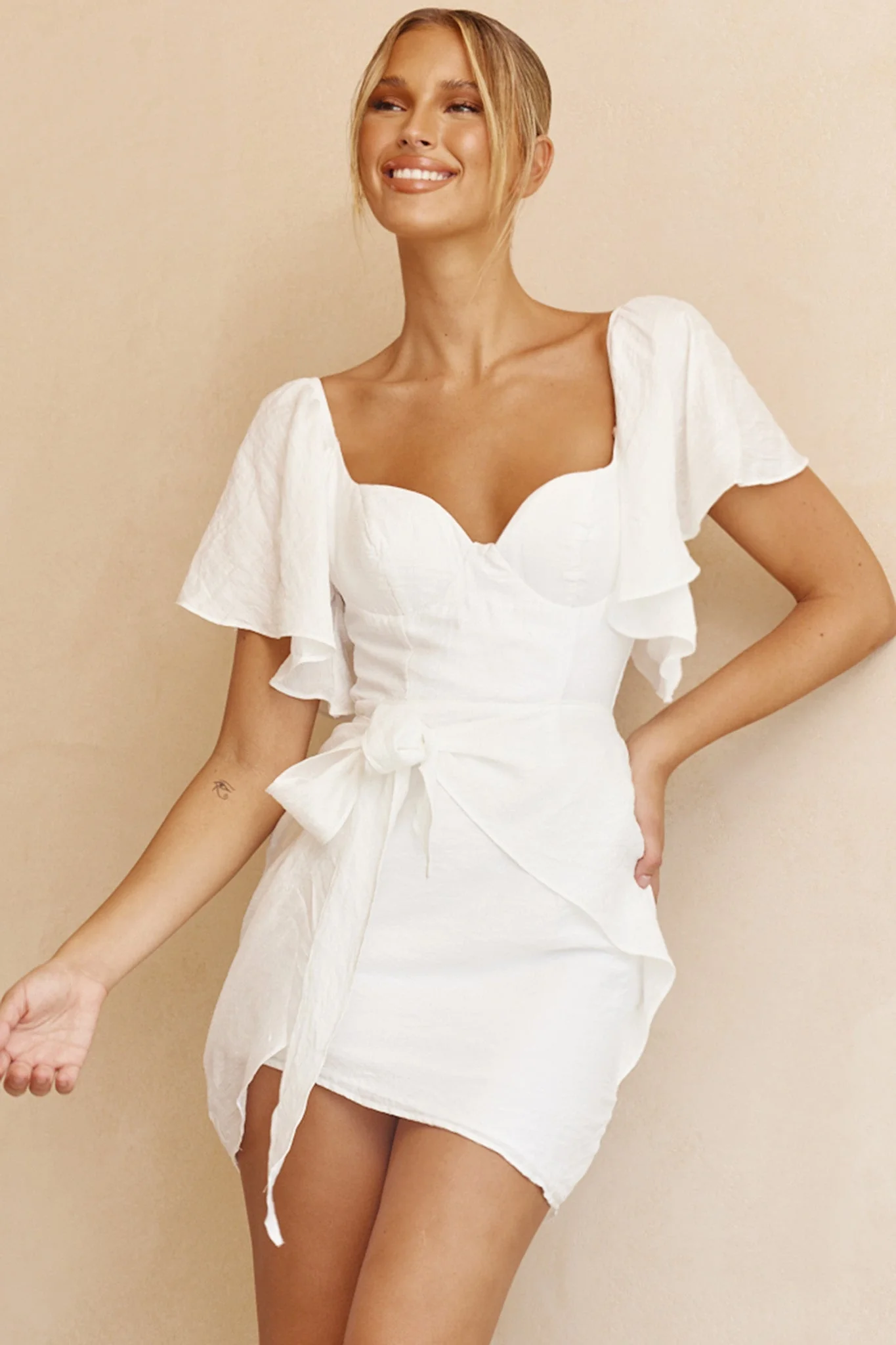 Aphrodite Molded Bust Angel Sleeve Wrap Dress White - Image 4