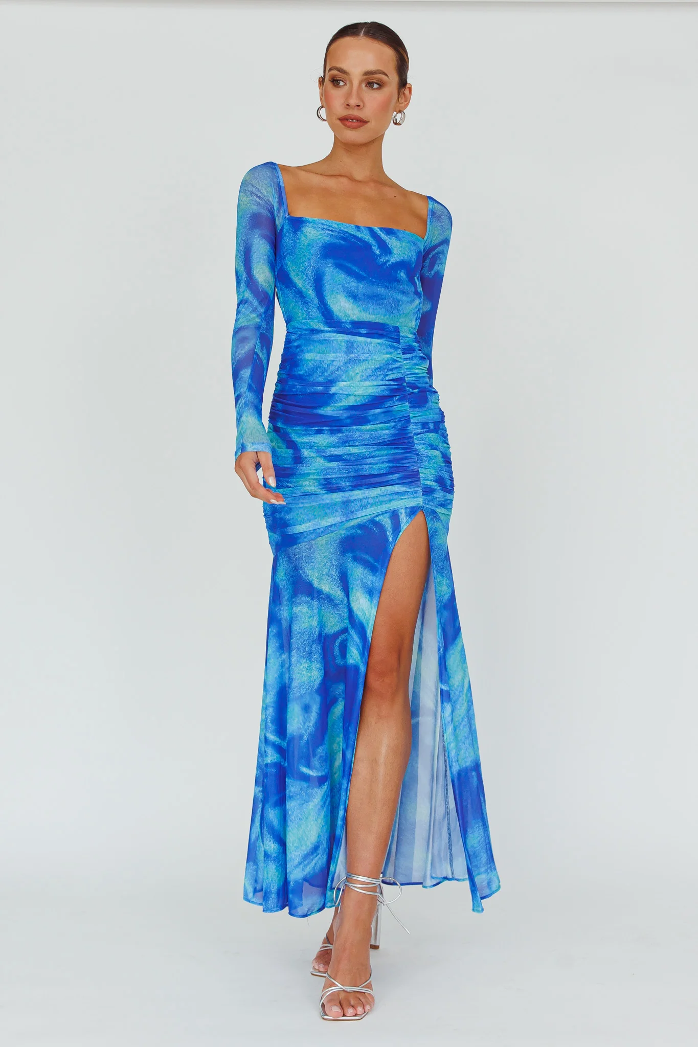 Apryl Long Sleeve Lace-Up Back Maxi Dress Blue - Image 6