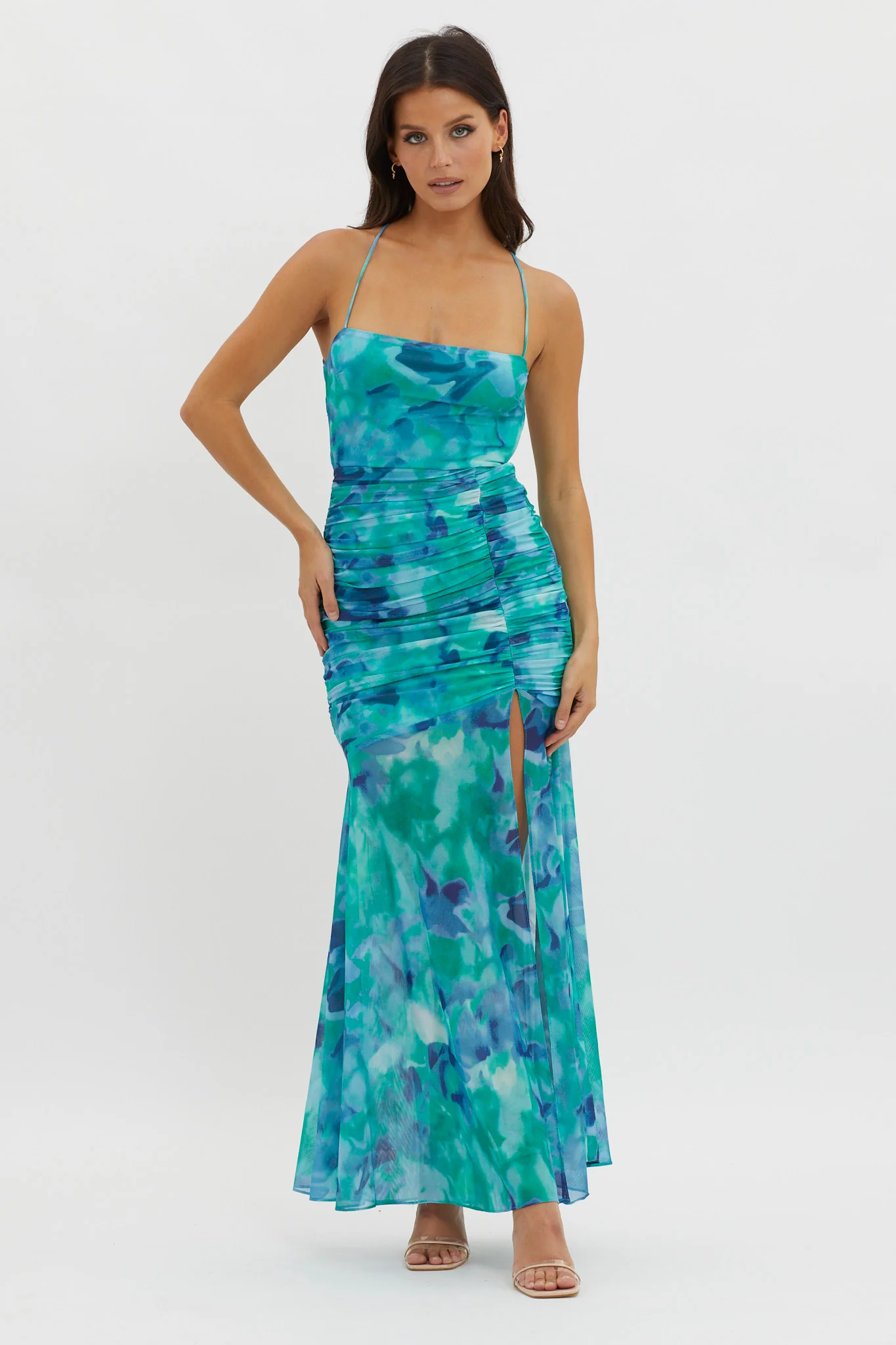 Apryl Ruched Lace-Up Back Dress Green - Image 2