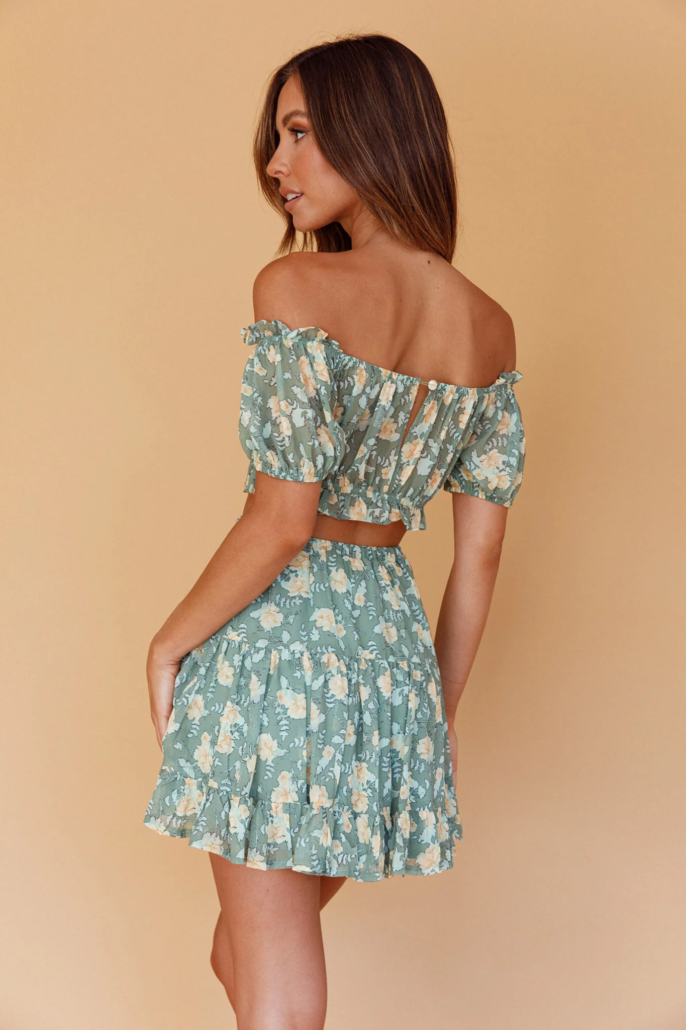 Archana Puff Sleeve Crop Top Floral Green - Image 2