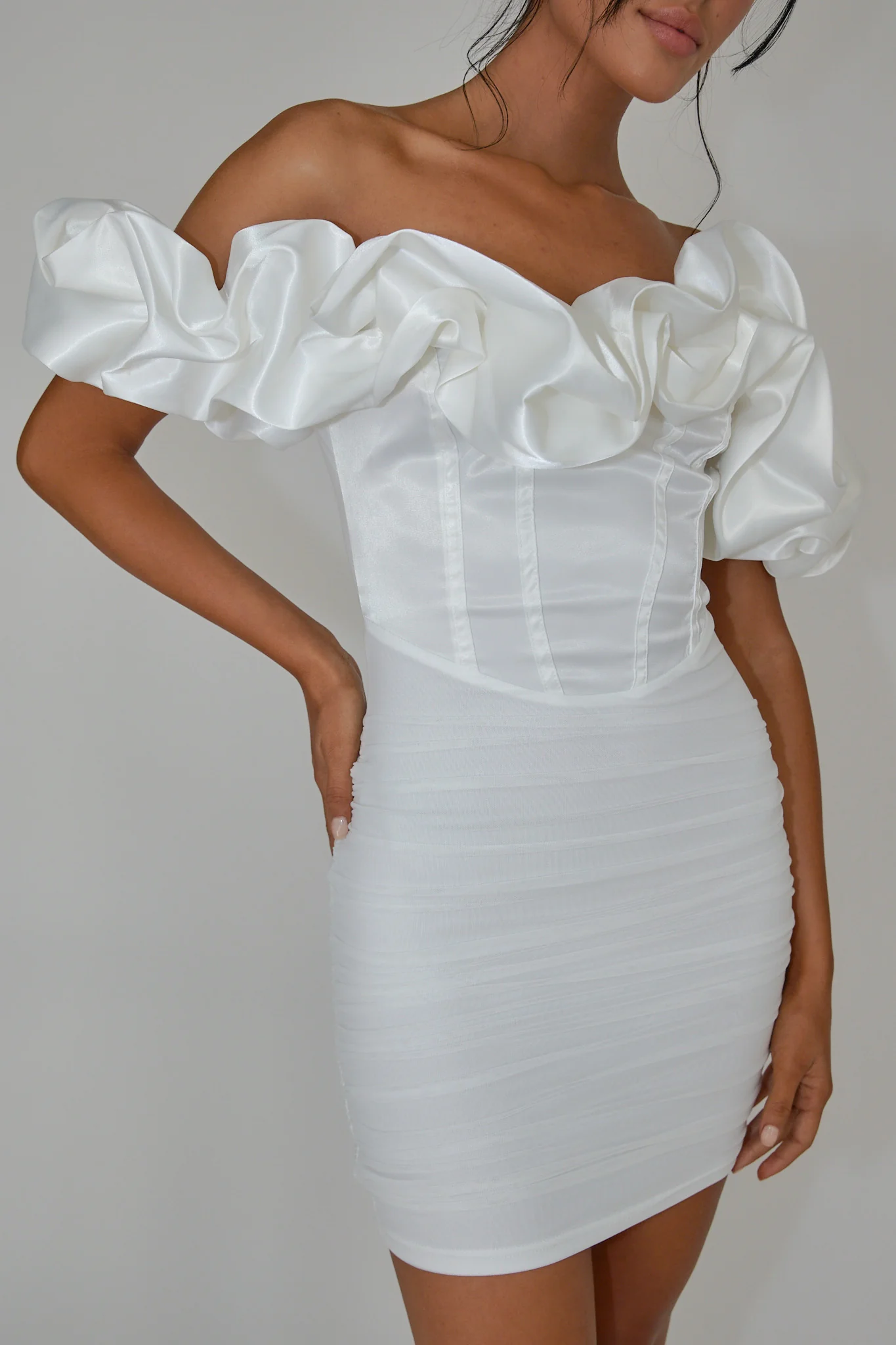 Arista Off-Shoulder Ruched Mini Dress Off White - Image 4